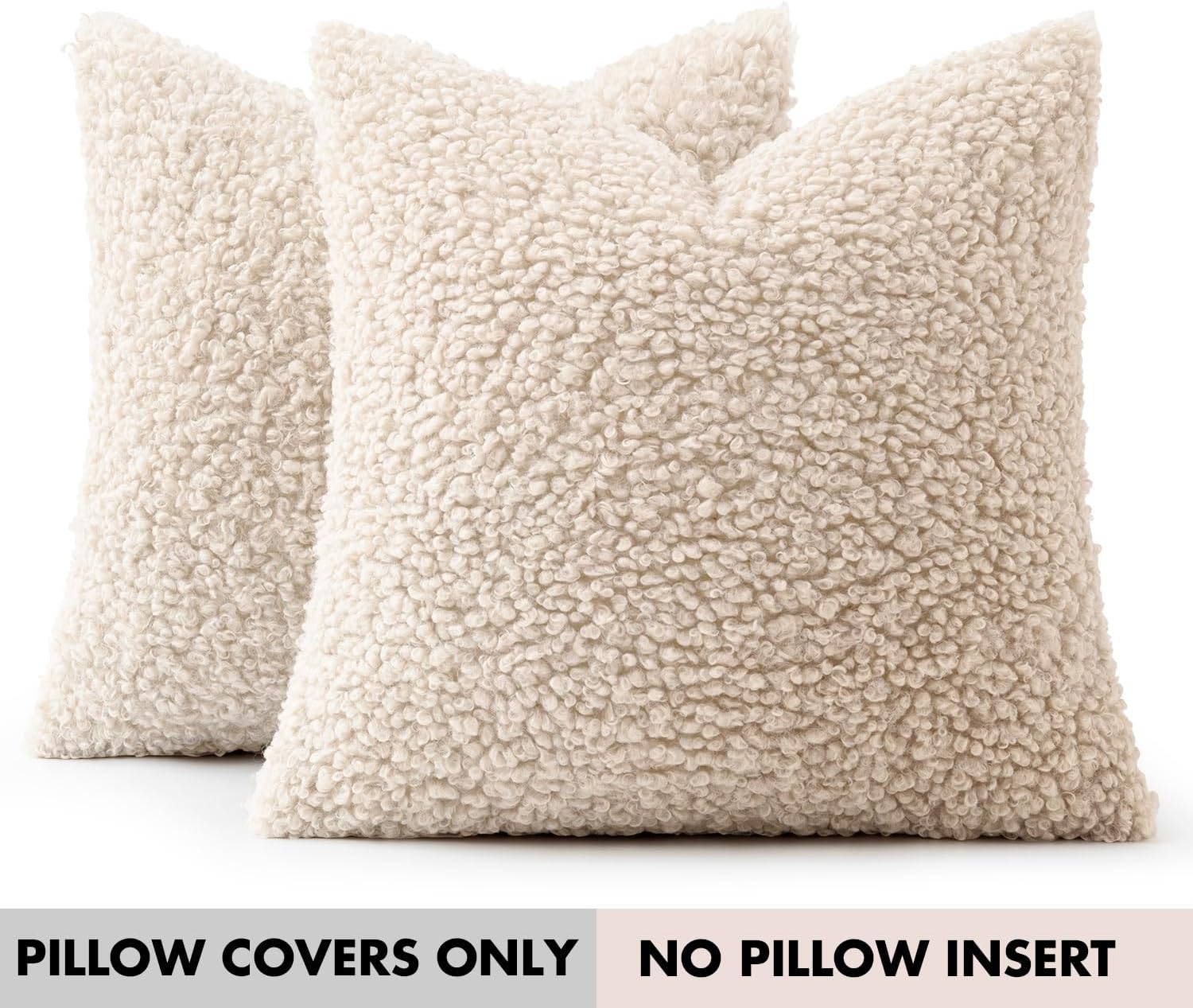 Faux Fur Throw Pillow Covers Boucle Neutral Decorative Sherpa Fuzzy / 18 x 18 / Beige / Set of 2