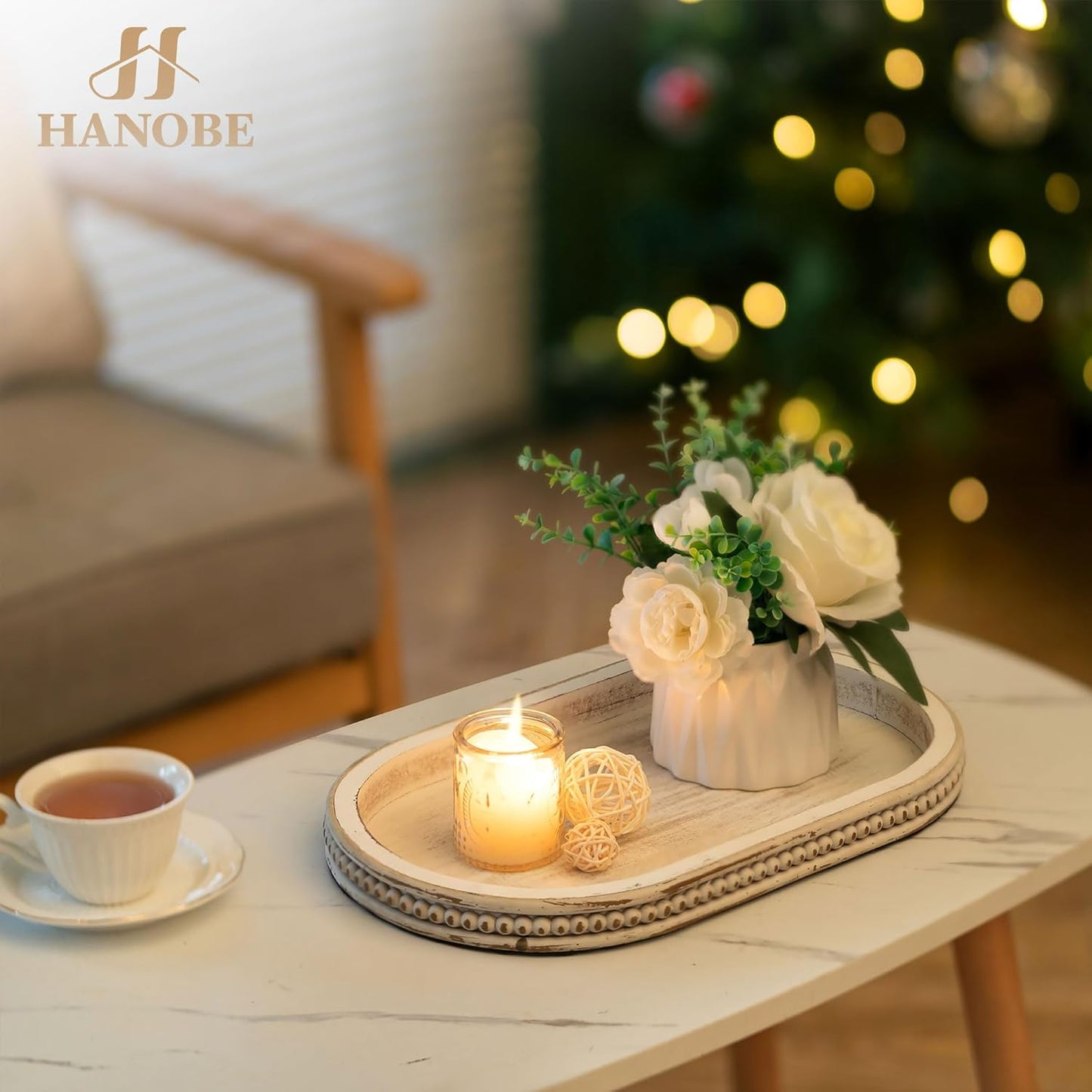 Oval Centerpiece Tray Wood for Farmhouse Entry Table Decor Round / Oval Whitewash / White