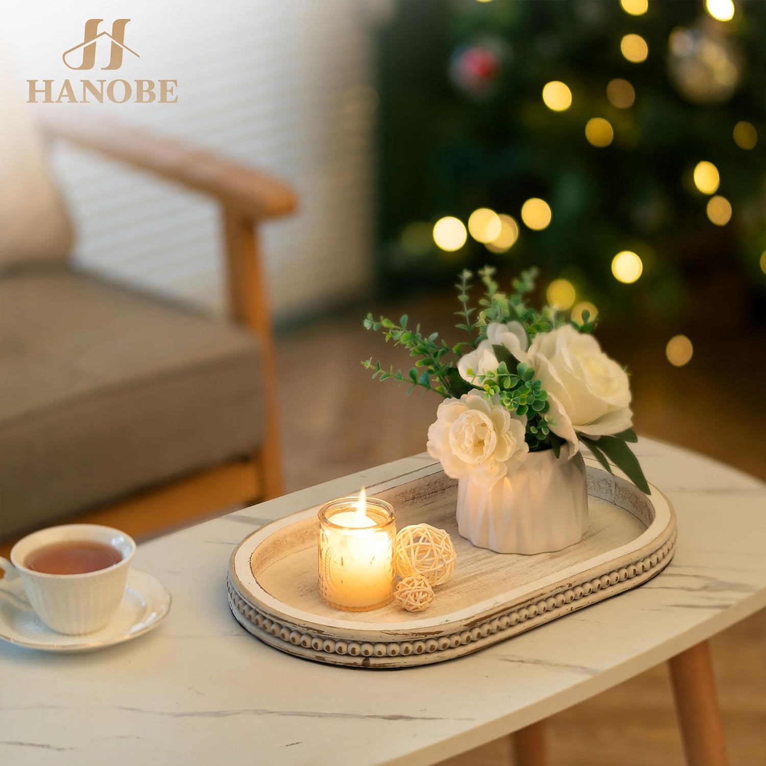 Oval Centerpiece Tray Wood for Farmhouse Entry Table Decor Round / Oval Whitewash / White