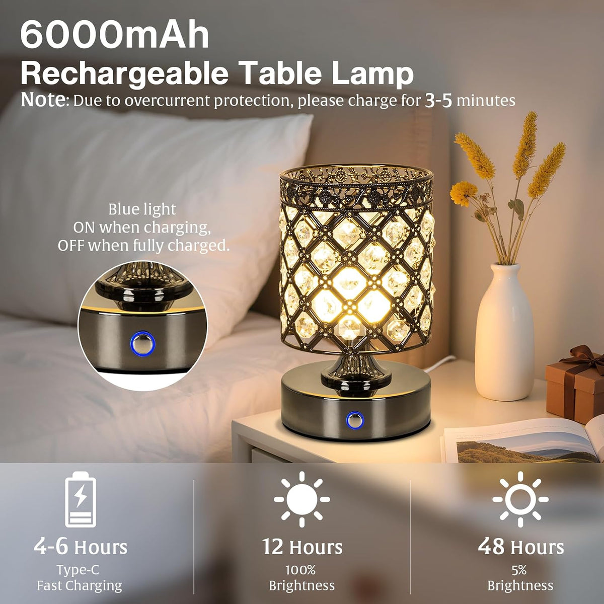 Black Small Crystal Rechargeable Cordless Table Lamps Set of 2 | 6000mAh Battery, 3 Color Temps, Stepless Dimming