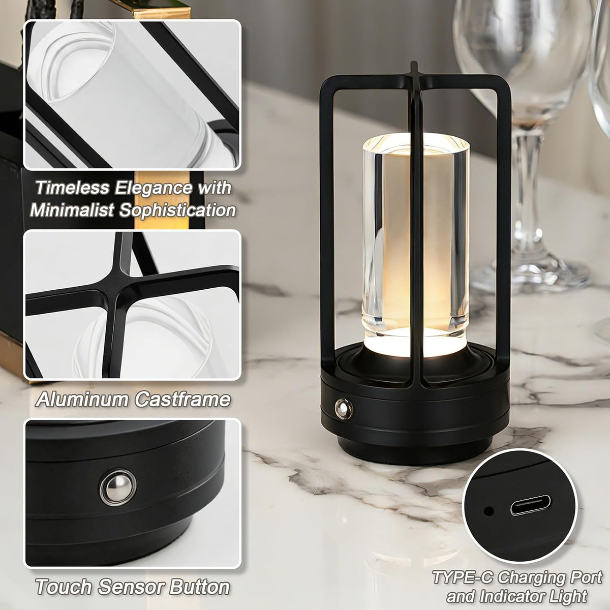 Cordless Table Lamp Rechargeable, Battery Operated Crystal Lamp | Stepless Dimming Touch Control, 3 Color LED Bedside