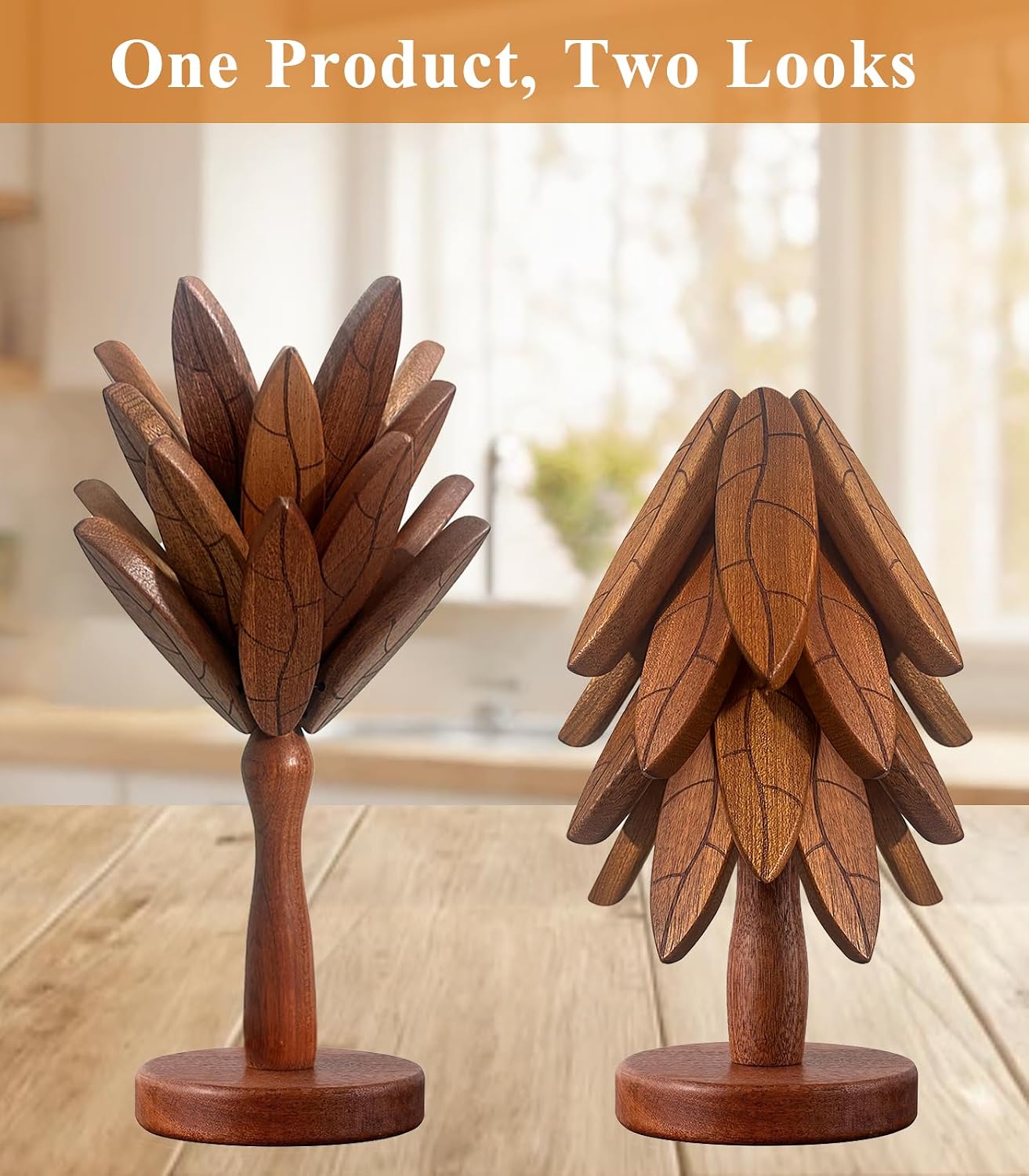 4 Wooden Trivets + 1 Stand / Texture / Set of 4