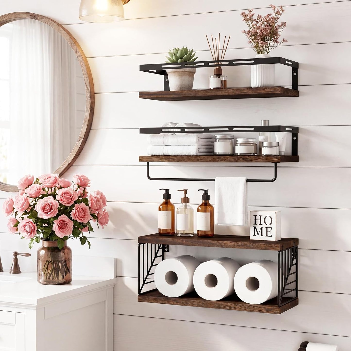Fixwal Wall Mounted Bathroom Shelves Over Toilet (3+1 Dark Brown) | Wall Shelf with Basket Storage , Towel Bar, Solid