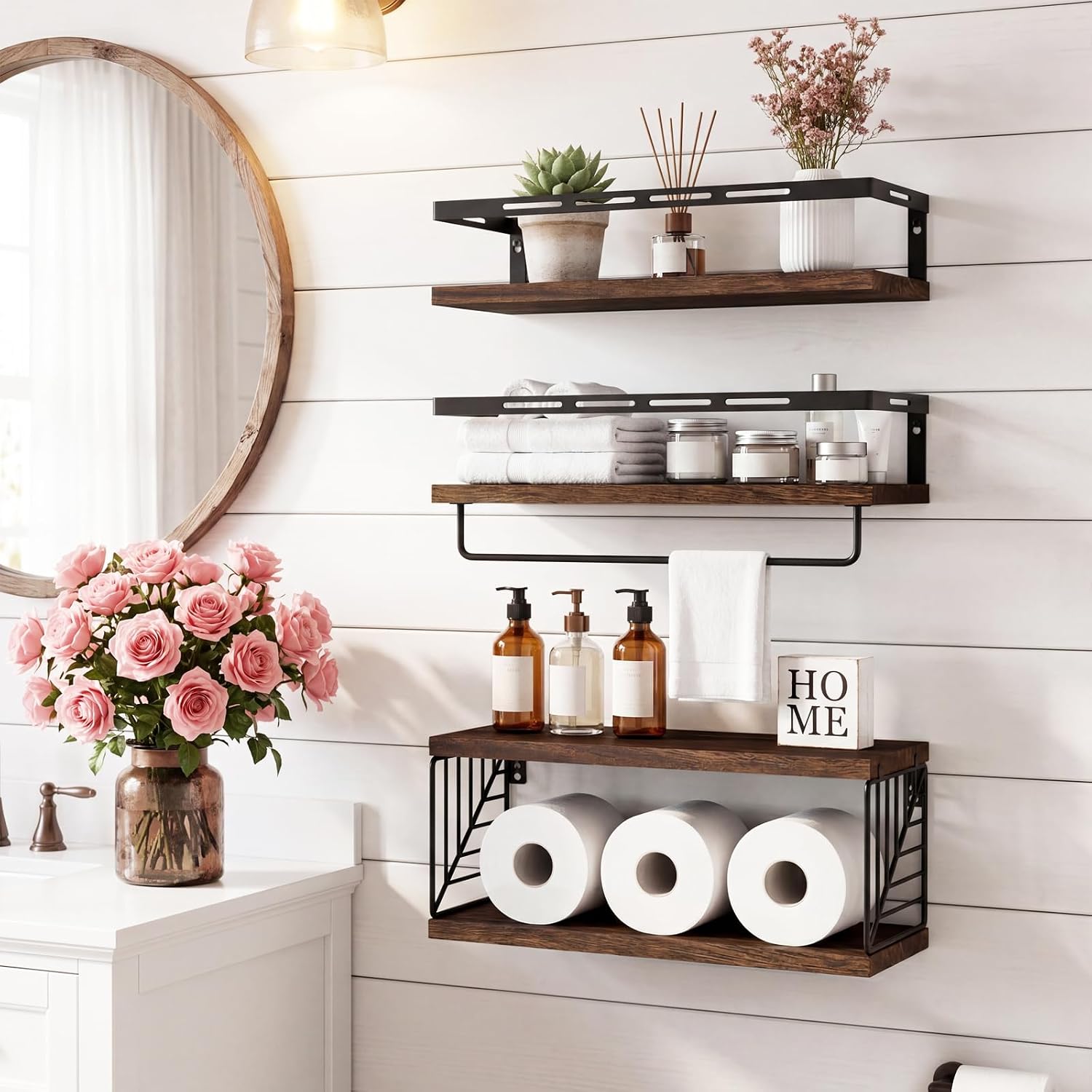 Fixwal Wall Mounted Bathroom Shelves Over Toilet (3+1 Dark Brown) | Wall Shelf with Basket Storage , Towel Bar, Solid