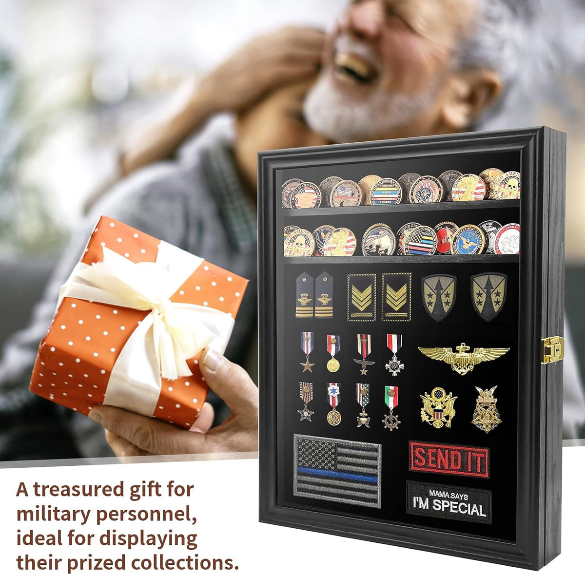 Challenge Coin Display Case, 7 Rows Lockable Military Coin Display Cabinet with UV Acrylic Door, Removable Shelves &