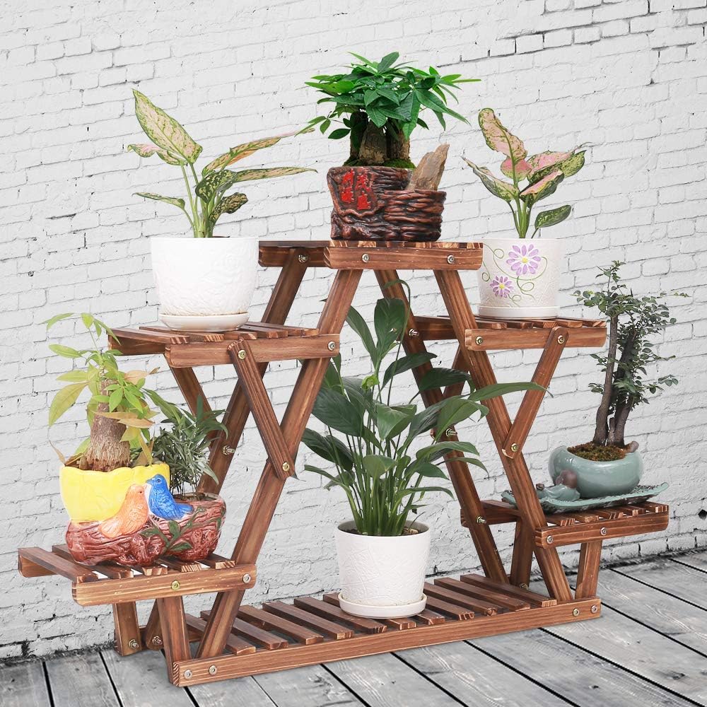 Wood Plant Stand for Multiple Plants Shelf Indoor 6 Tiered Triangle | A Shape Corner Flower Pot Holder Rack for