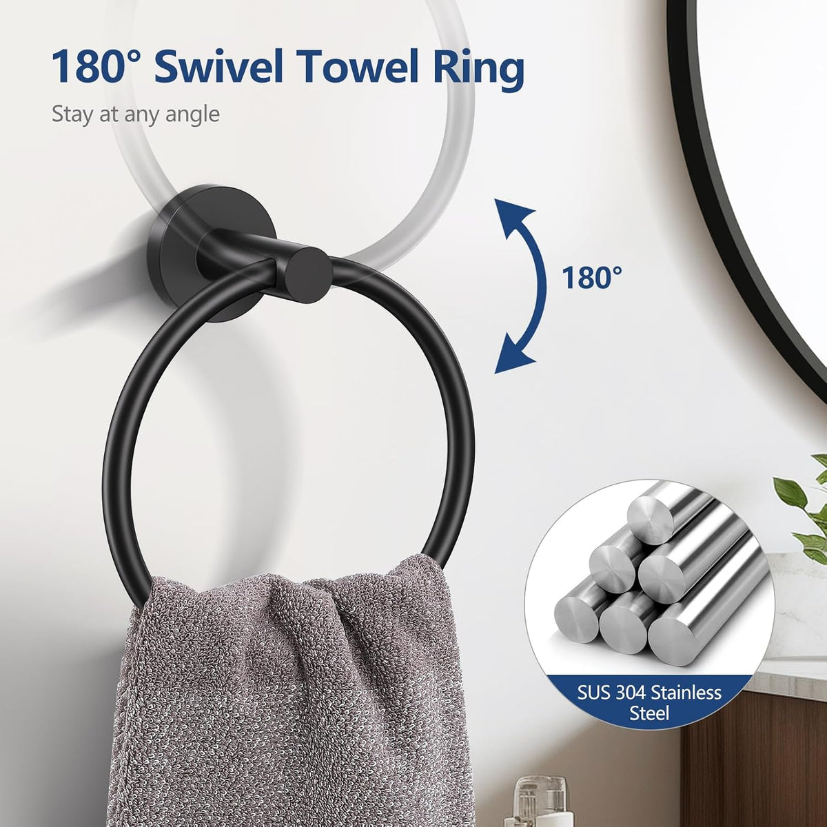 TQKAG Bathroom Hardware Set Black, 5 Piece Bathroom Towel Bar Holder Sets | SUS304 Stainless Steel, 23.6" Toilet Paper