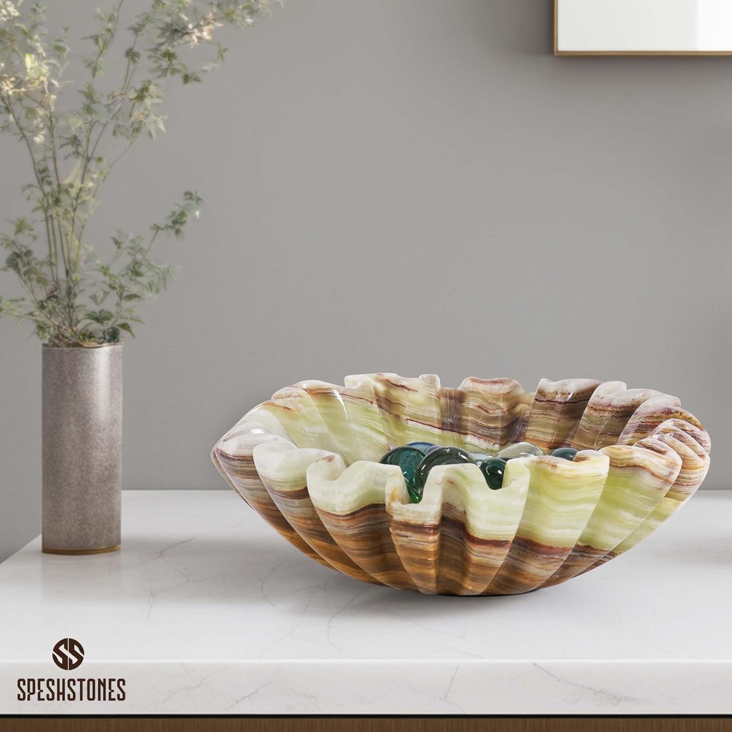 Marble Scalloped Bowl Handmade Onyx Ruffle Bowl / Green / 6 Inches