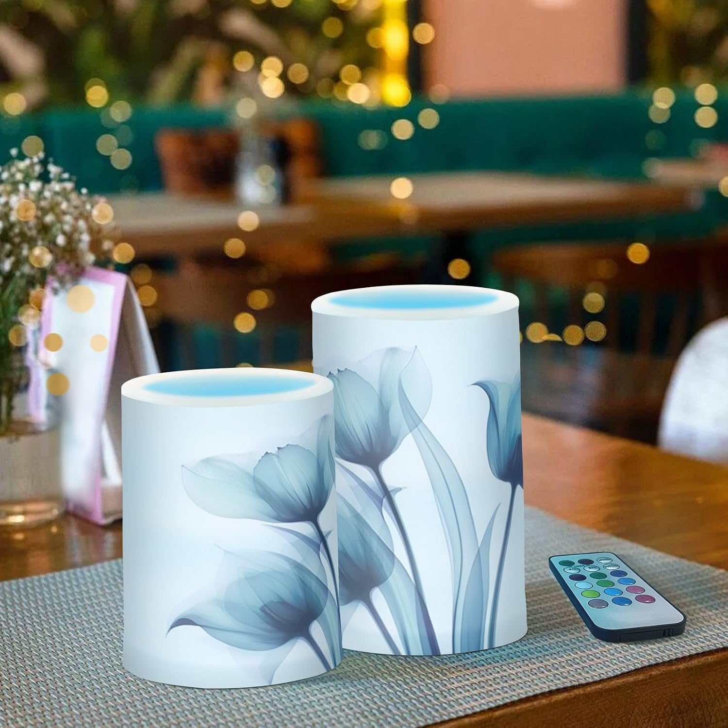 Flickering Flameless Candles, Blue Tulip Flower LED Candles with Remote Timer, Set of 2 Battery Operated Candle for
