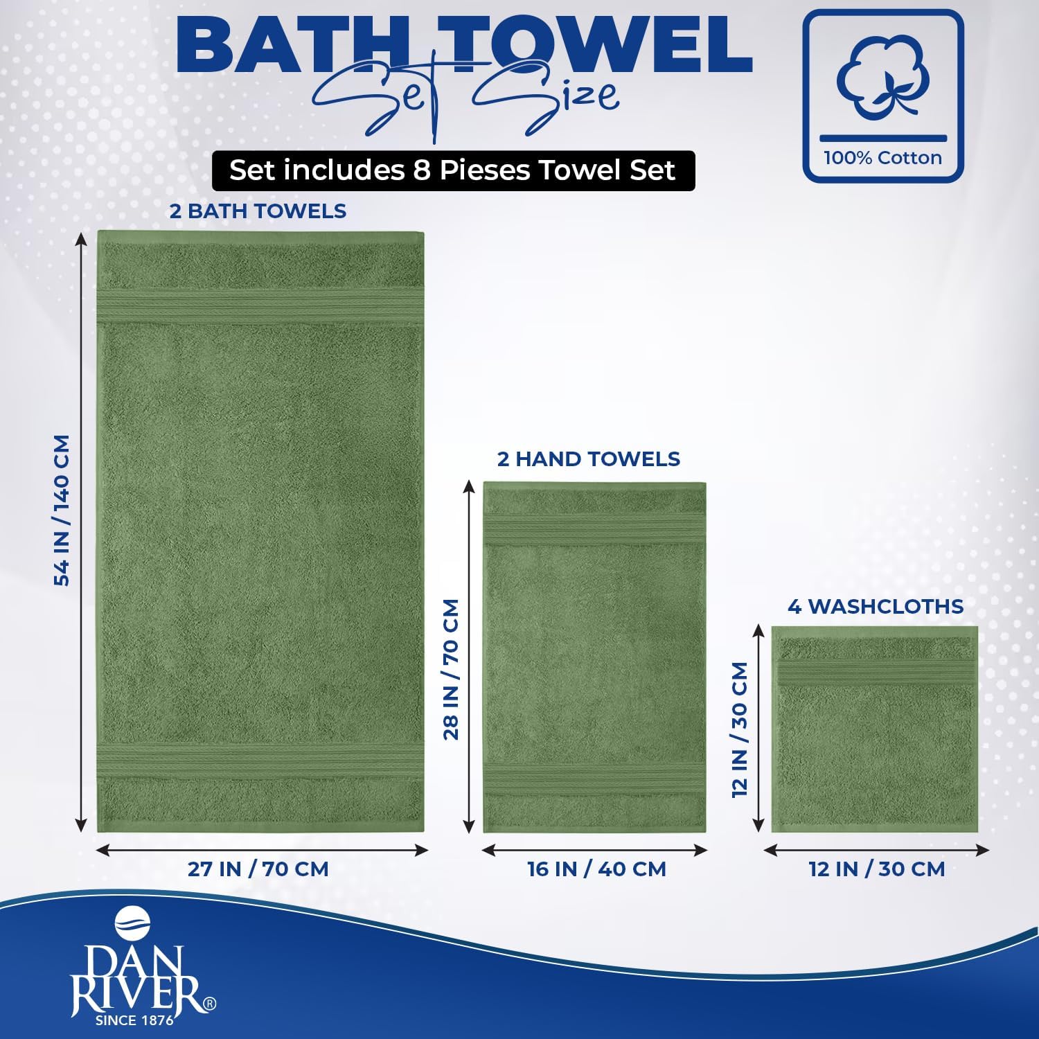 DAN RIVER 8 Piece Luxury Bath Towels for Bathroom, Towel Set, Sage Green | 2 Bath towels, 2 Hand towels, and 4 Wash