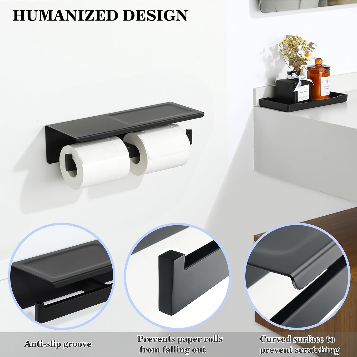 Alise Double Toilet Paper Holder with Shelf Wall Mounted,Black | Heavy Duty SUS304 Stainless Steel Toilet Paper Roll