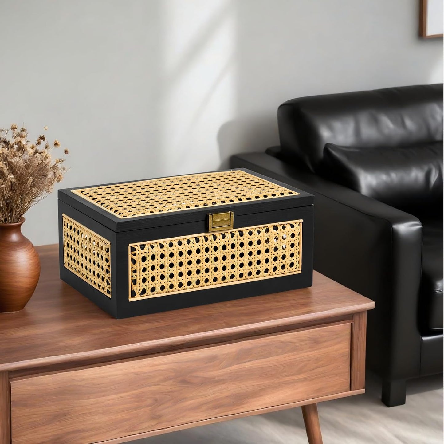 Lid Wooden Frame Boho Rustic Wicker Box Stacking / Large / Black