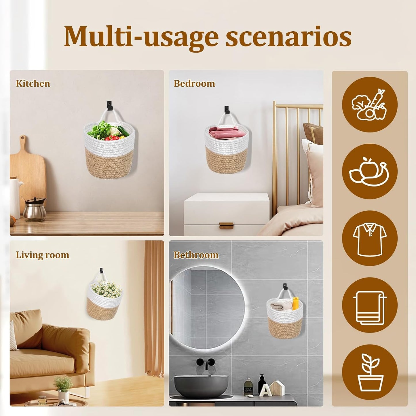 Adhesive Hooks / Woven Storage Organizers / White & Coffee / Set of 3
