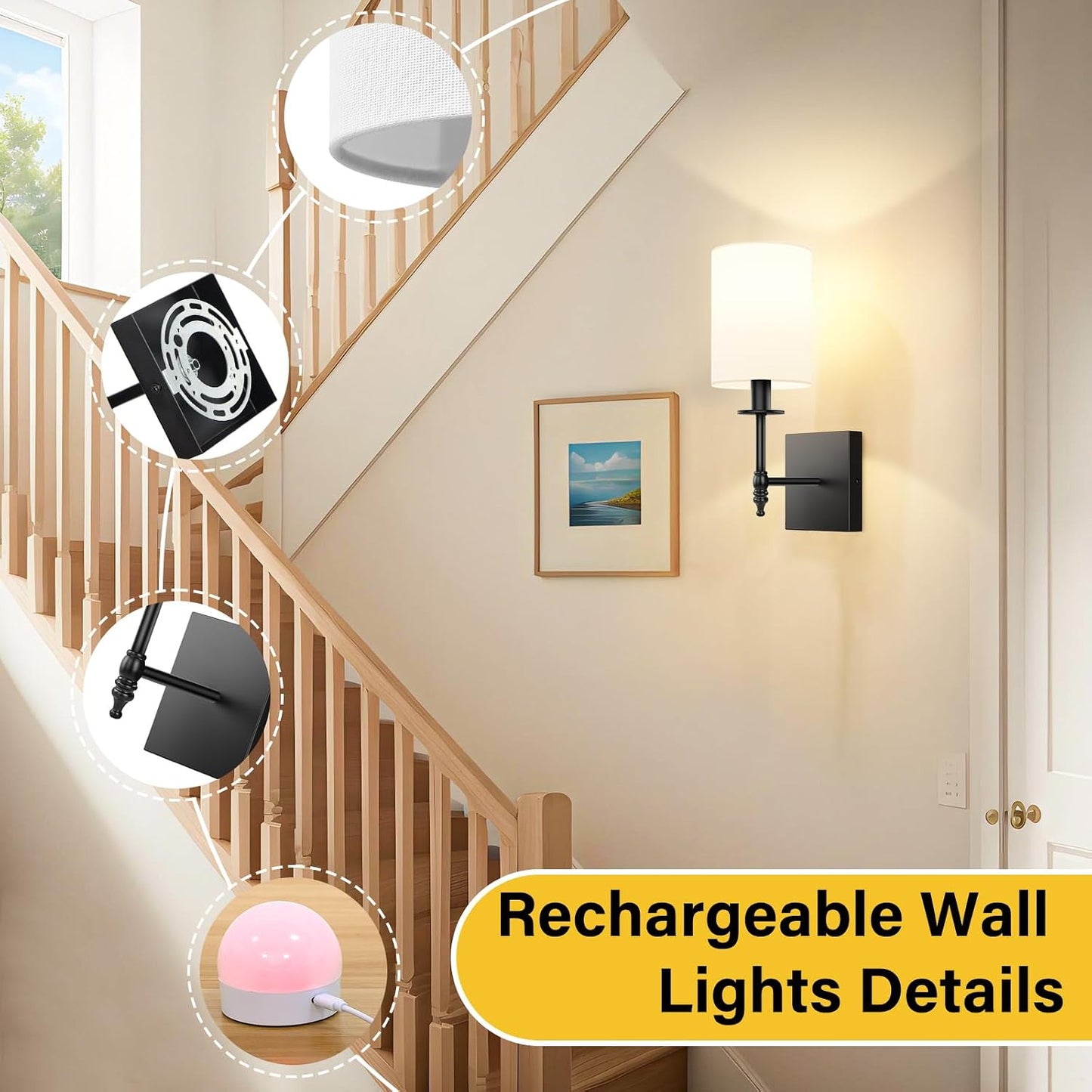 14 Inch Black Battery Operated Wall Sconces Set of 2, Rechargeable Wireless Wall Lights with Remote & White Fabric