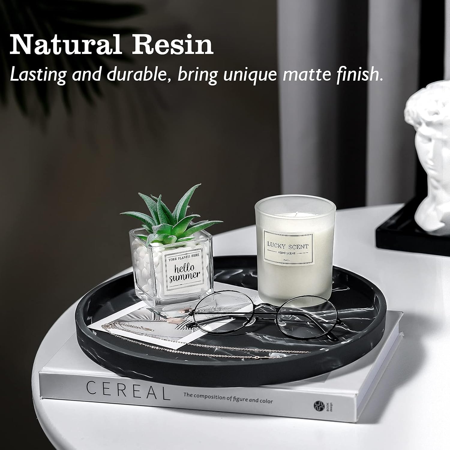 Vanity Tray / Resin Round Tray Decorative Storage Organizer / Round Matte Ink Black