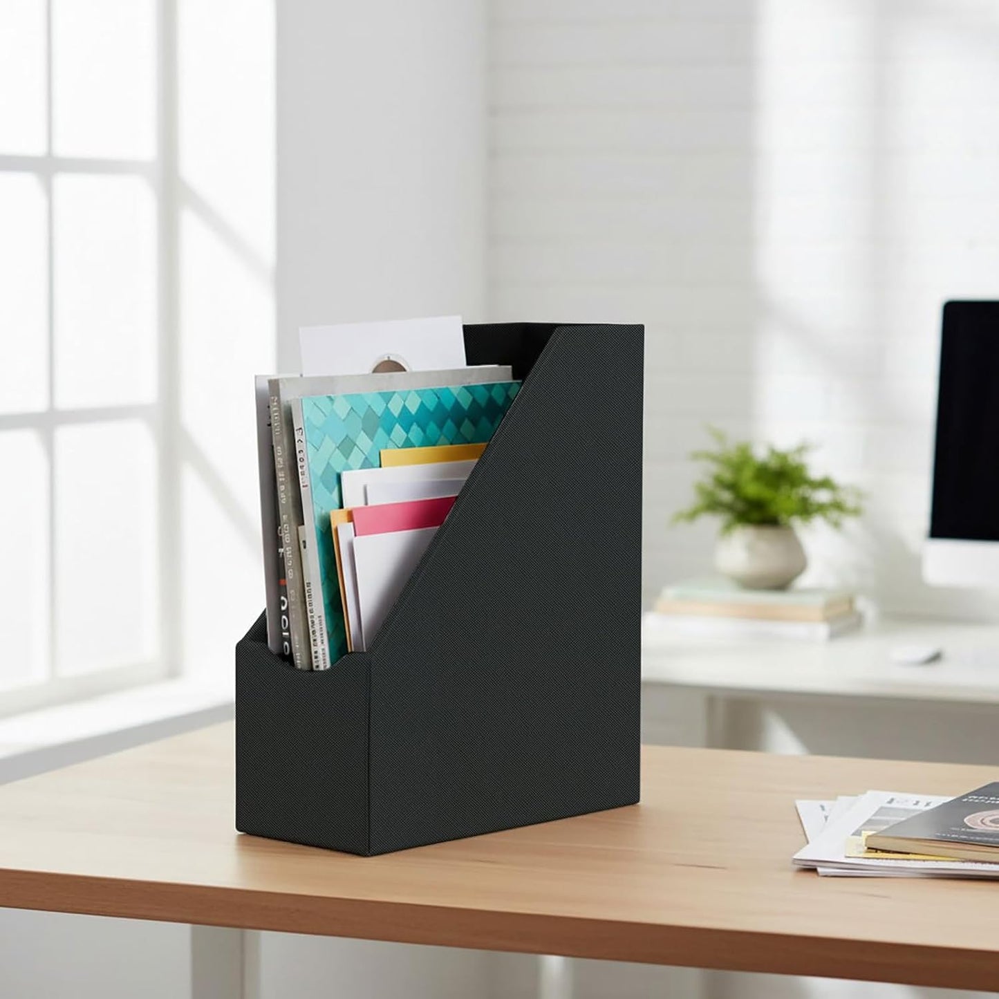 UnionBasic Magazine File Holder, Grey | Leatherette, Desktop Document Organizer, Home Office Paper Holder, File Storage