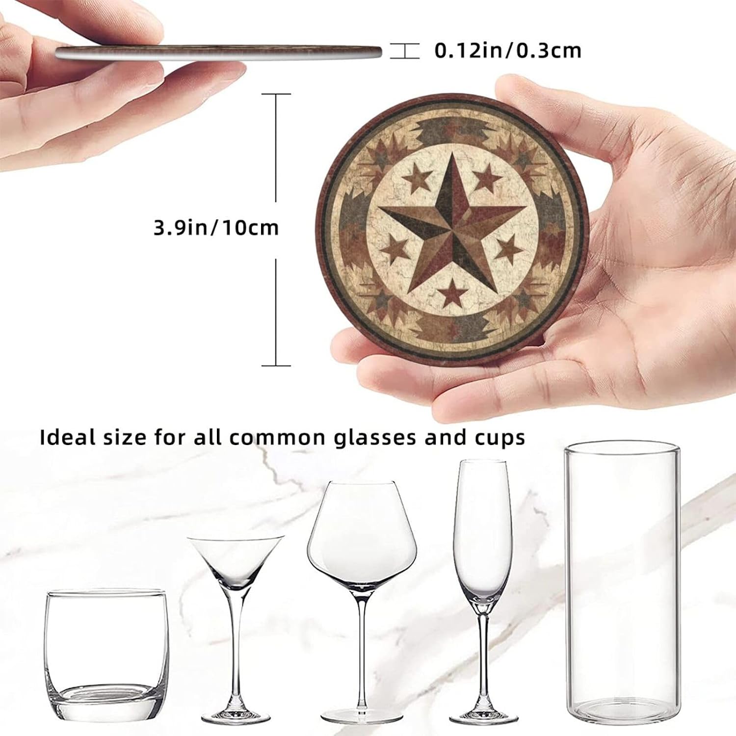 Holder Round Leather Coasters Cups Mugs Mat Pad / Western / Set of 6