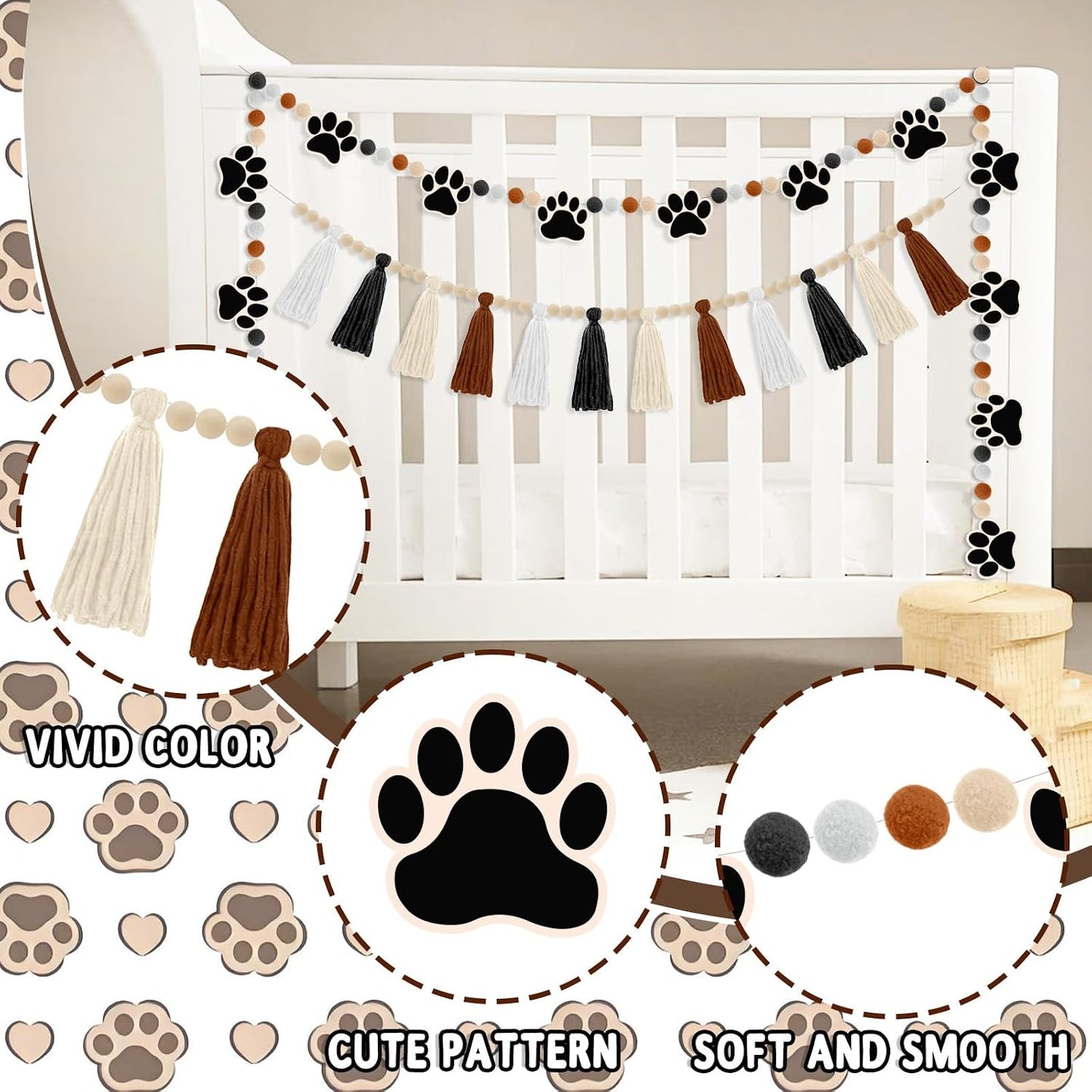 Wood Beads and Pom Pom Felt Balls Garlands / Black and Brown / Set of 2