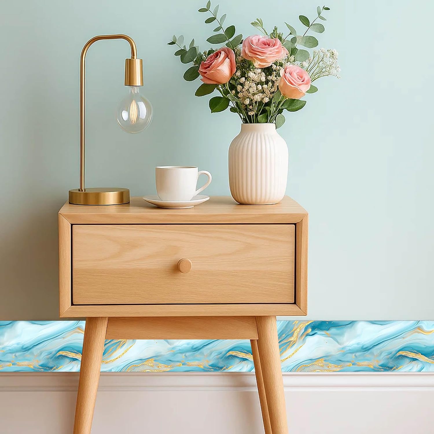 Wallpaper Border Peel and Stick Blue Gold Marble Pattern Mirror Frame / Ocean Gold Marble / 196 x 4