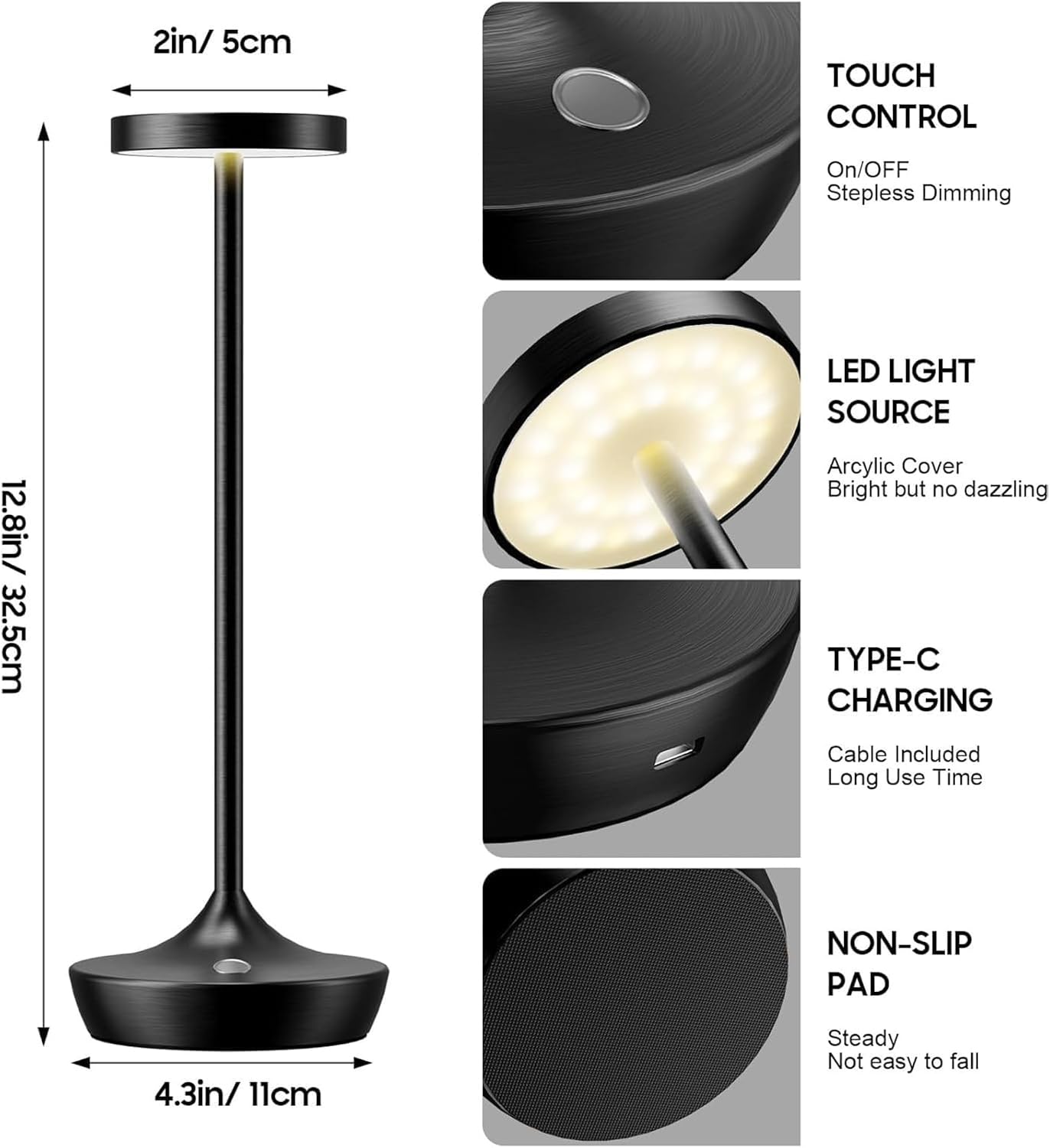 Cordless LED Table Lamps, Rechargeable 6000mAh, 72H Runtime, Waterproof | Stepless Touch Dimming with 3 Color Modes &