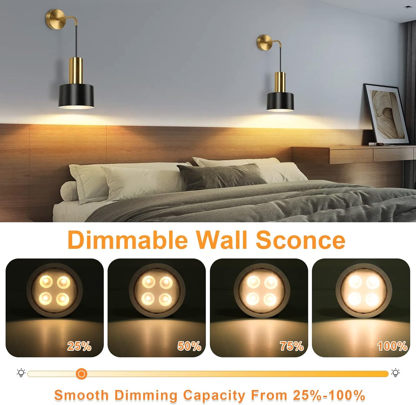 VerRon Battery Operated Wall Sconces Set of 2 with Remote and LED Bulbs | Black and Gold Wireless Wall Lamp Indoor