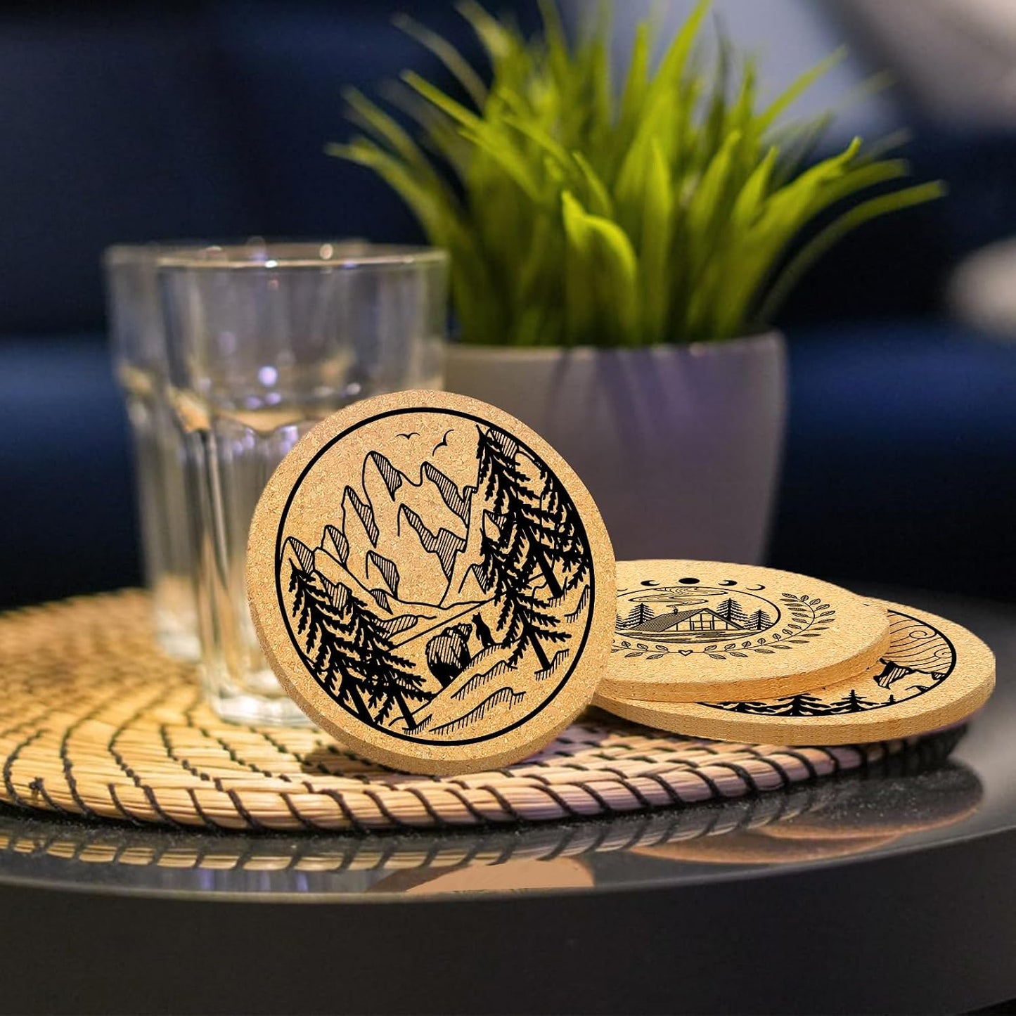 Holder / Cork Coaster Absorbent Wood for Cup Desk Office Table Kitchen Decor / Mountain / Set of 6