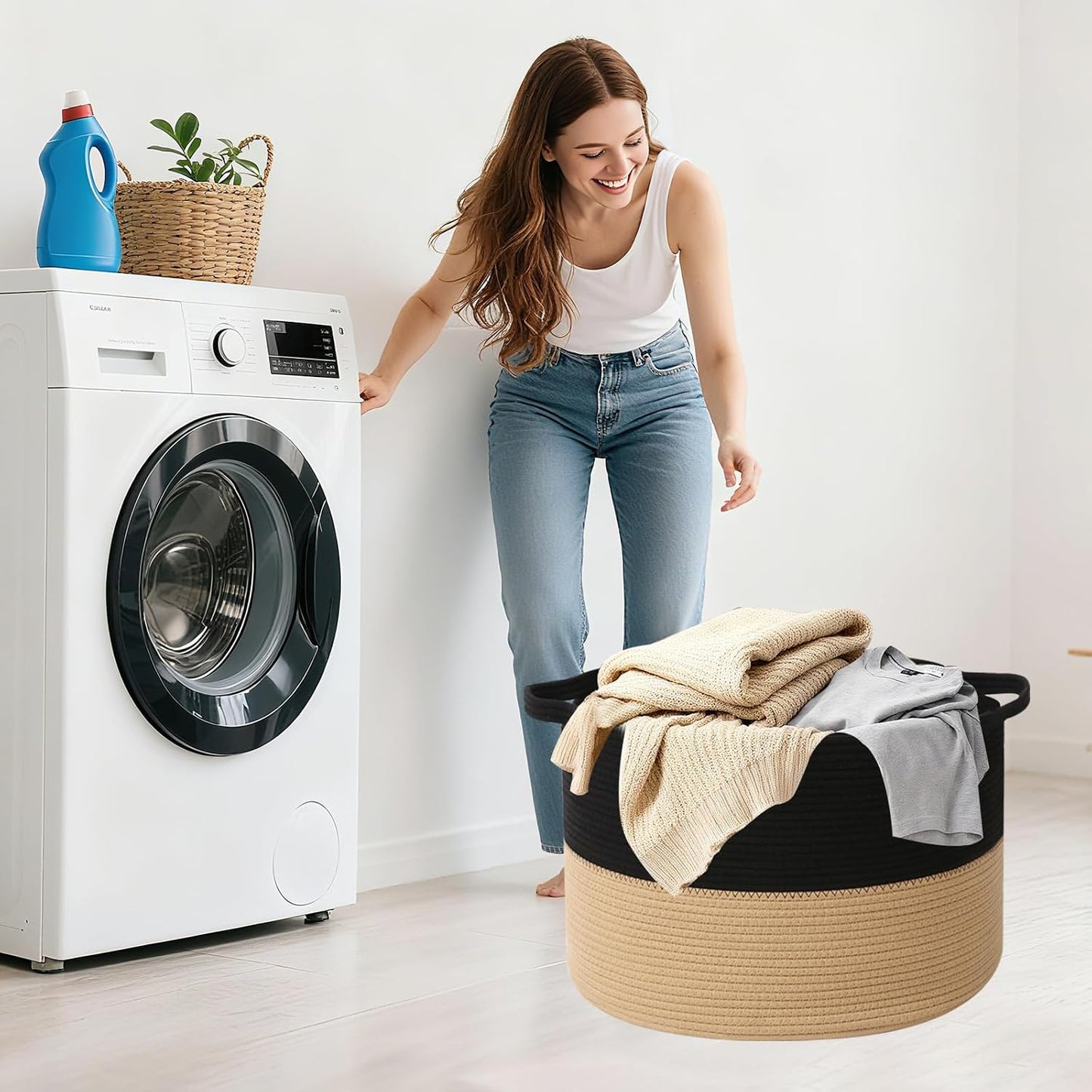 Woven Rope Laundry Basket Hamper / Black&camel / 19.7"L x 19.7"W x 13"H