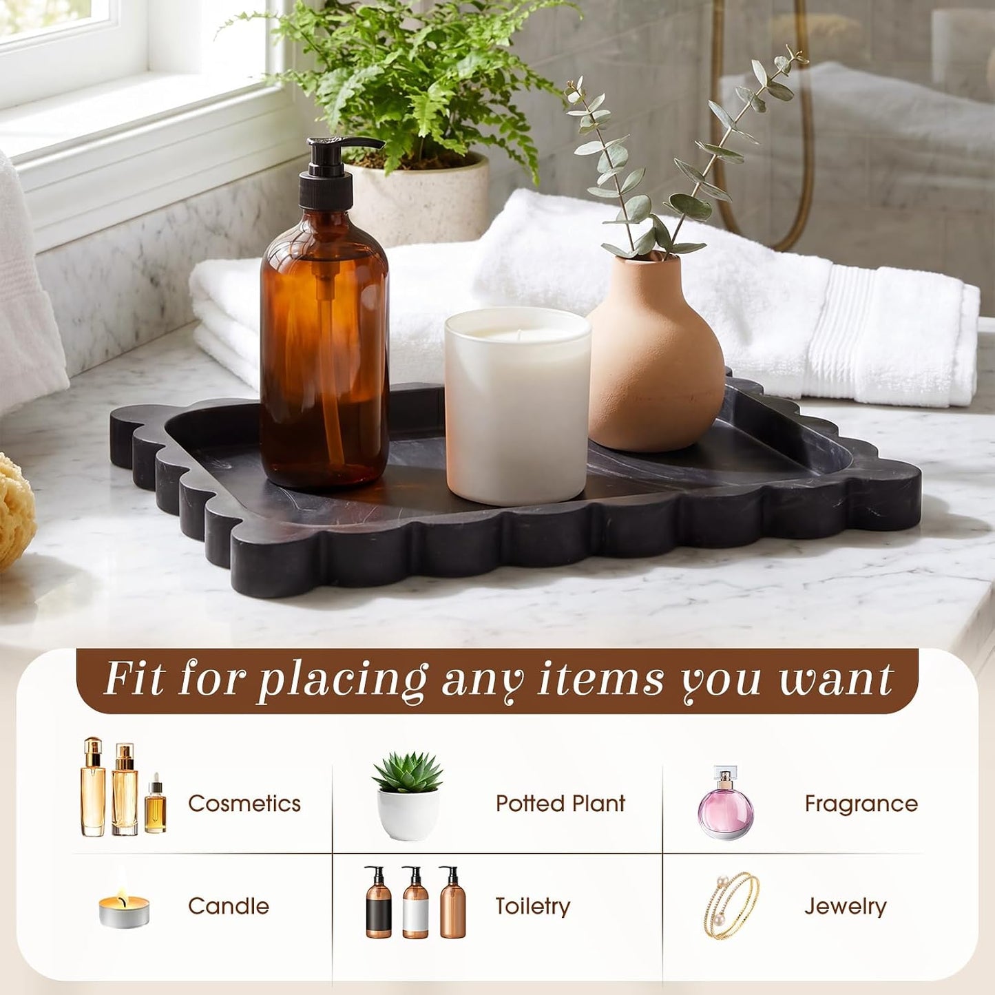 Silicone Bathroom Tray Scalloped Silicone Decorative Tray for Soap Dispenser / Black / 11.5 x 8.7