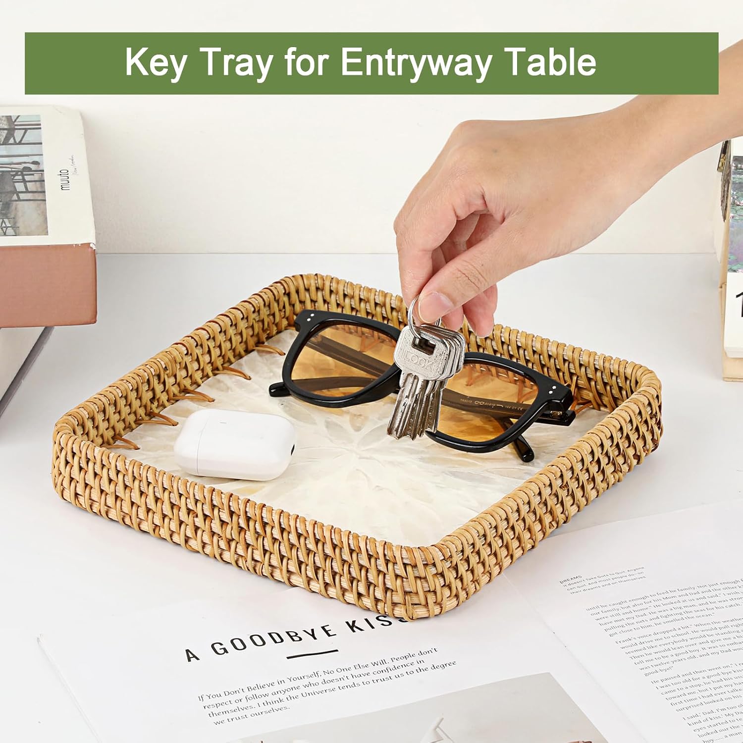 Handwoven Rattan Key Bowl Natural Wicker Serving Tray / 8.3 x 8.3 x 1.6 / White