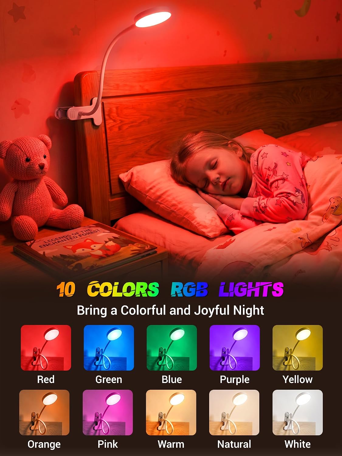 Clip on Light,10 Colors RGB Desk Lamp with Clamp,10 Dimmable Reading Lamp | 500 Lumen Eye-Caring Clip on Lamp,360°
