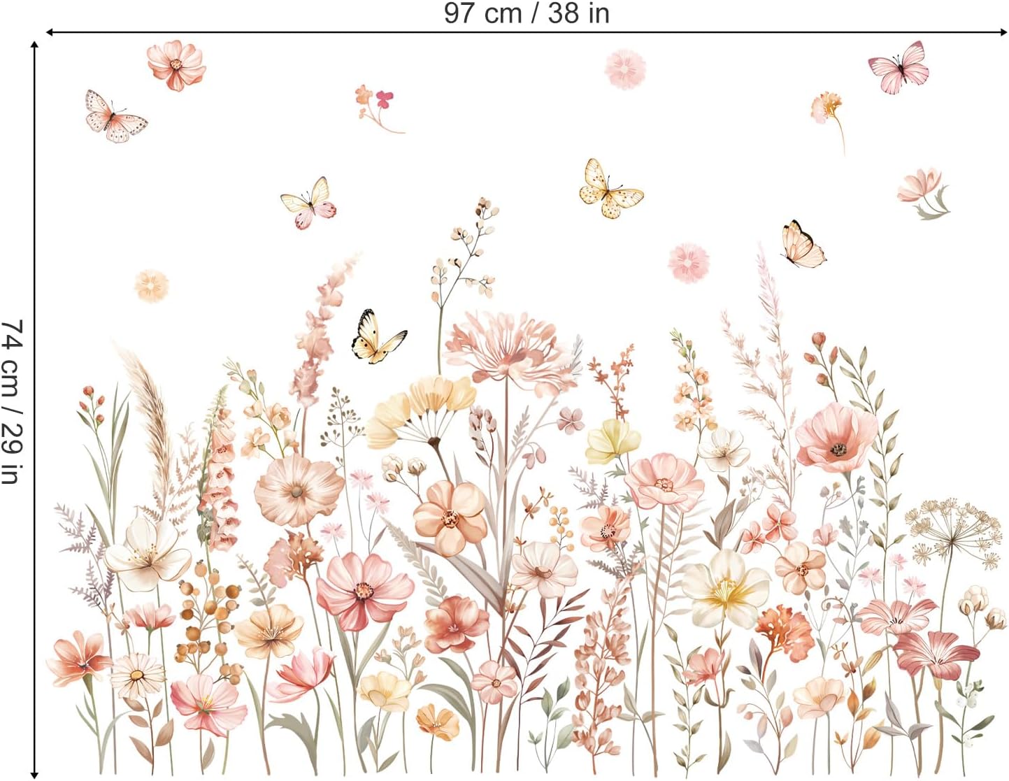 Watercolor Boho Flowers Wall Decals Wildflower Floral Grass Plants Butterfly Wall Stickers Bedroom