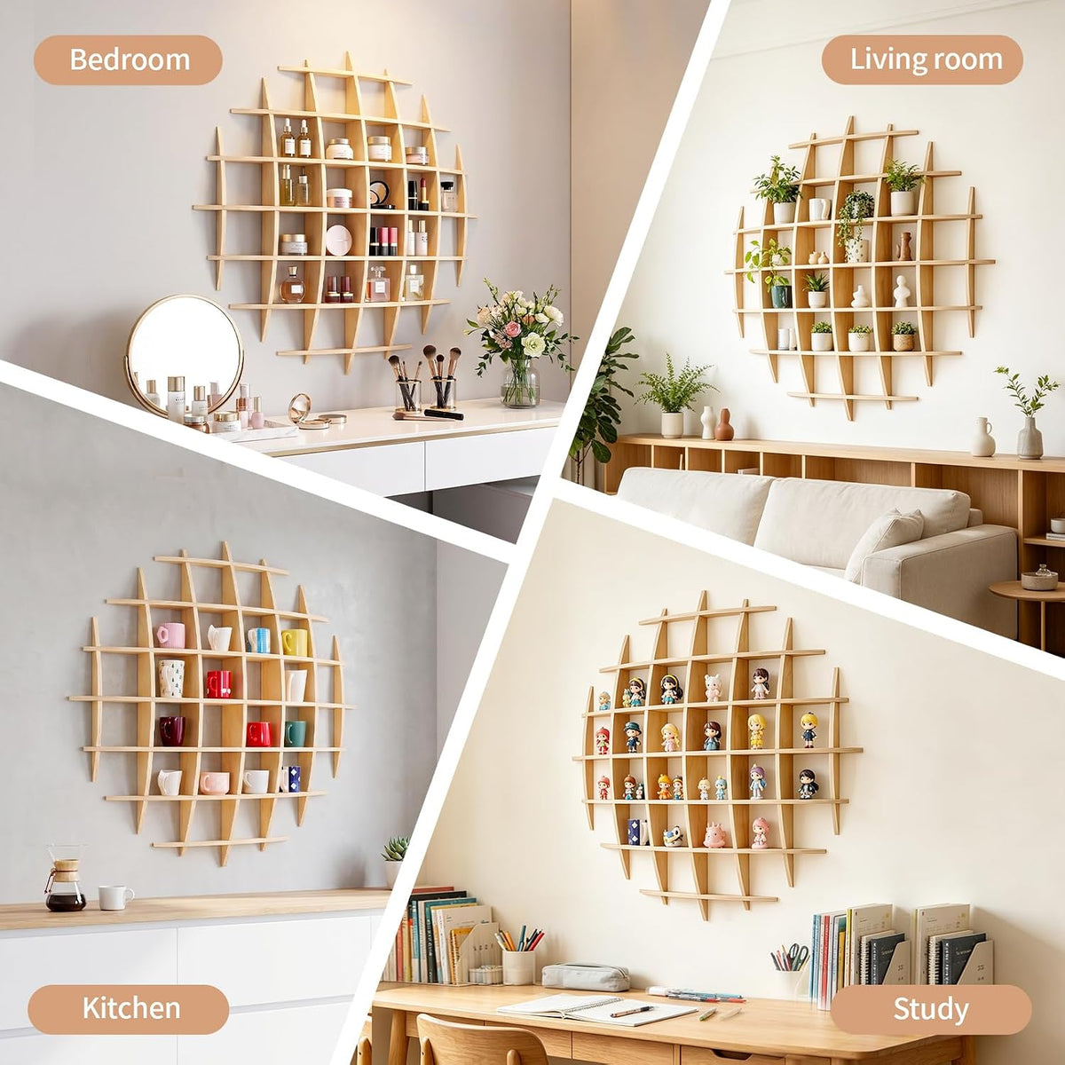 46 x 46 Inch Oversize Wooden Coffee Mug Display Shelf for Wall | Wall-mounted mug holder, floating curio shelf and tea