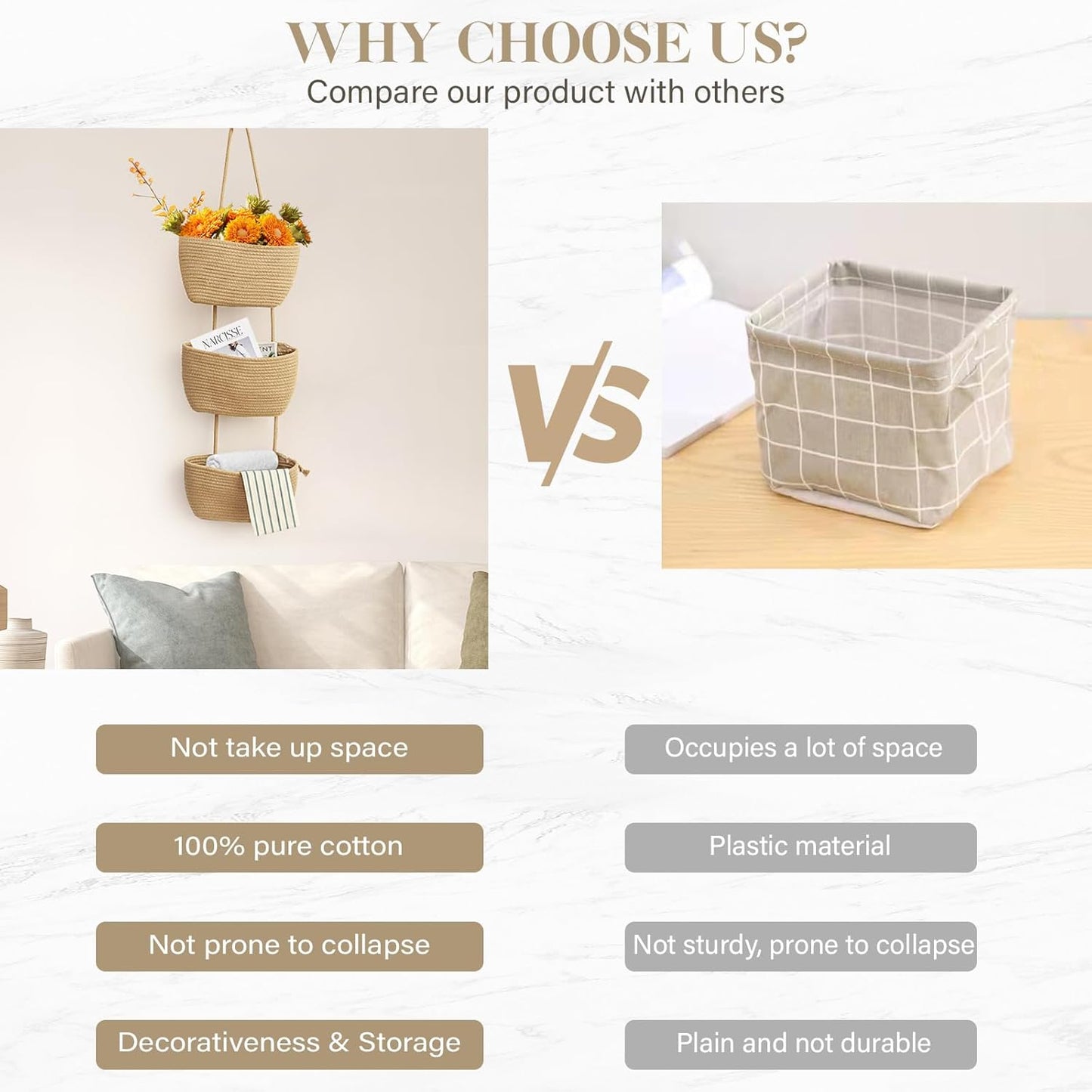 3-Tier Woven Cotton Wall-Mounted Storage Organizer Bag Decorative Hanging Nursery / Jute