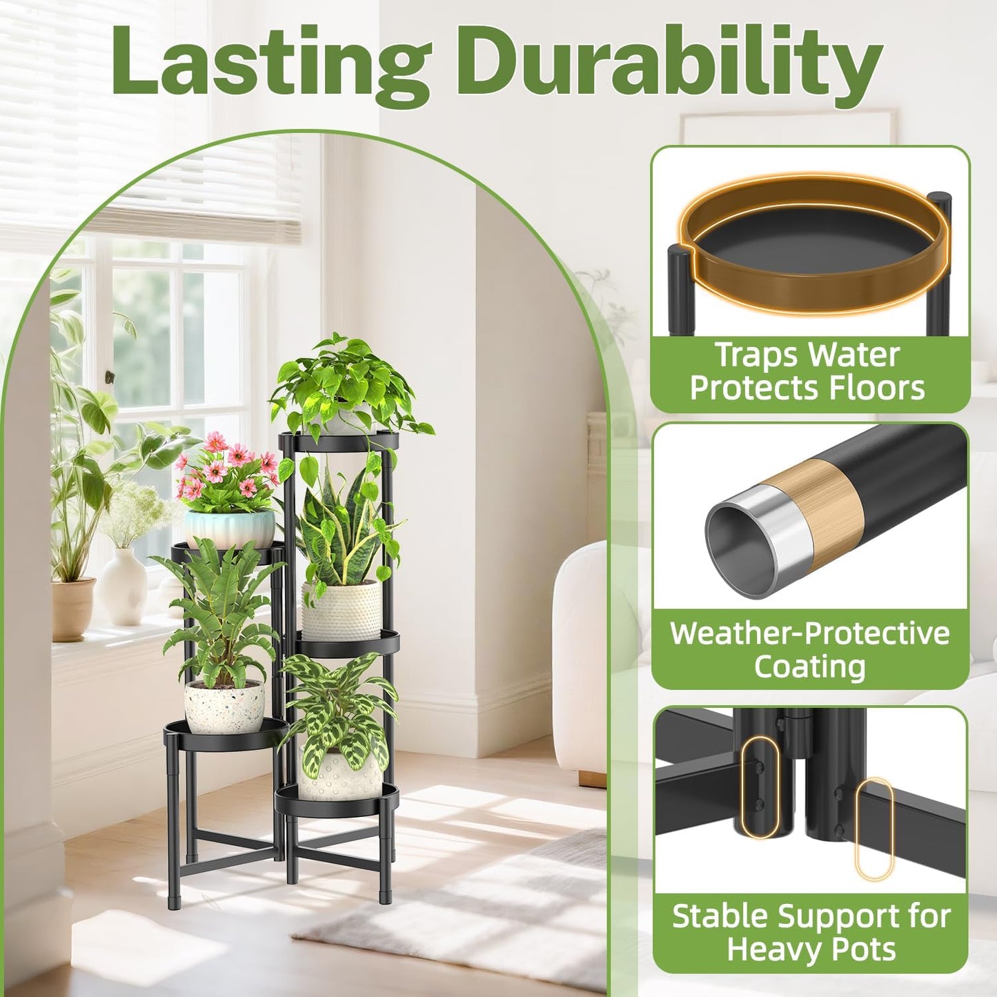 iDavosic.ly Plant Stand Indoor Outdoor, 5 Tier Metal Corner Shelf, Black | Tiered Flower Display Holder, Folding Multi