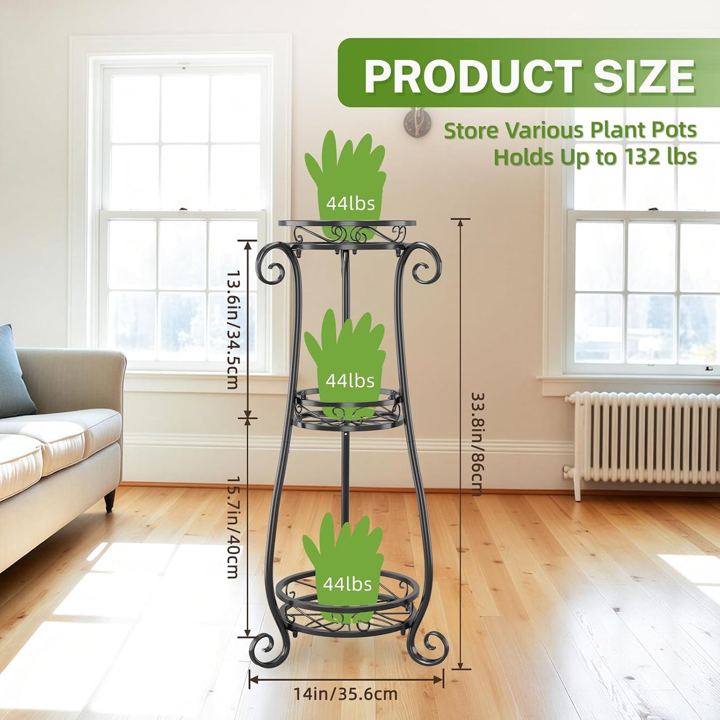 iDavosic.ly 3 Tier Tall Metal Plant Stand Outdoor Indoor, 34 Inch, Black | Corner Flower Pot Holder Shelf, Wrought Iron