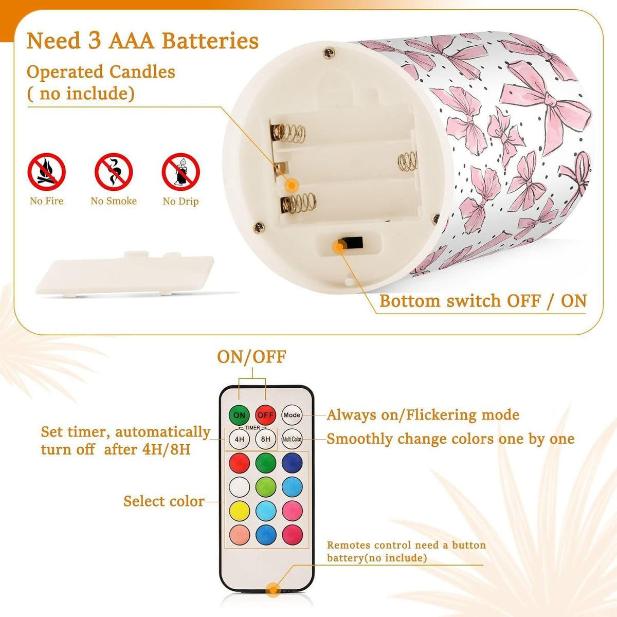 Flickering Flameless Candles, Cute Bows Pink LED Candles with Remote Timer, Set of 2 Battery Operated Candle for
