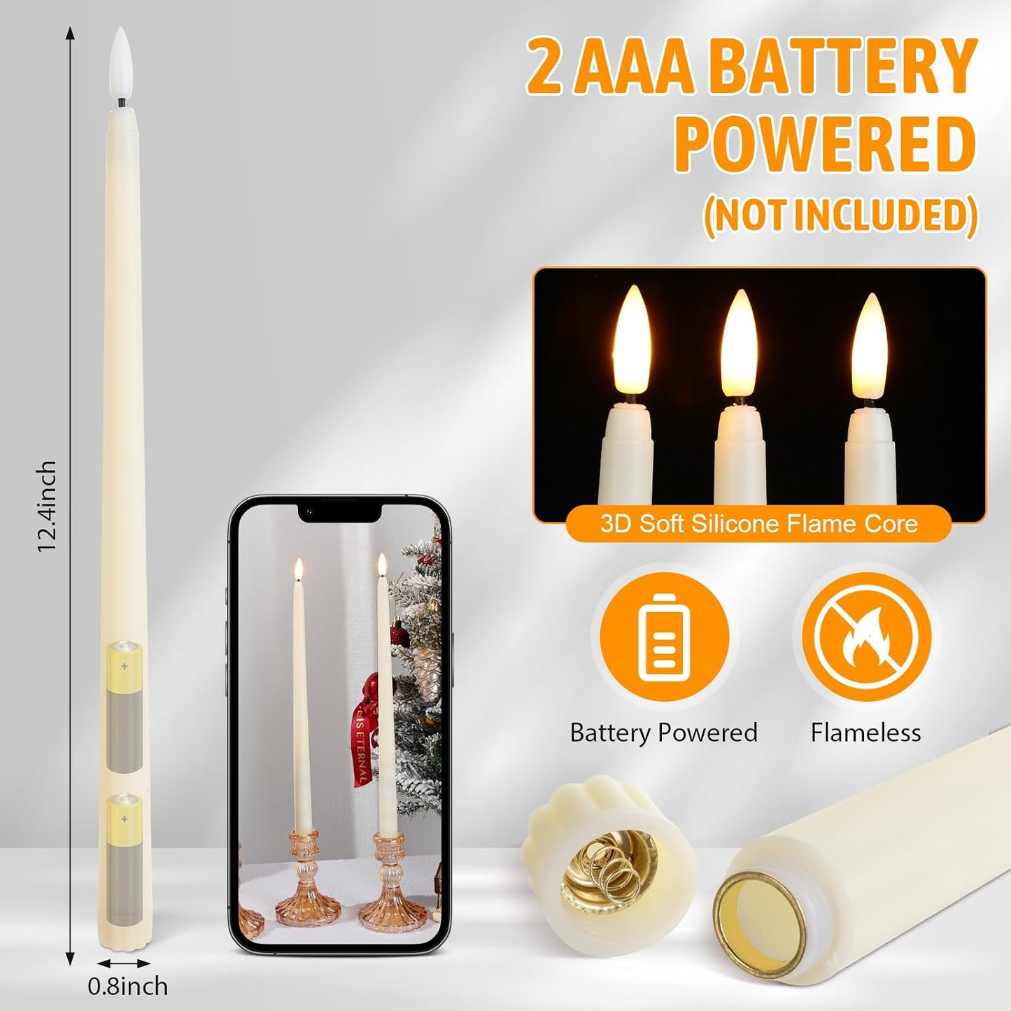 50 Pcs 12.4 Inches Ivory Flameless Taper Candles Bulk | Taper Candles Battery Operated, LED Candlesticks Flickering