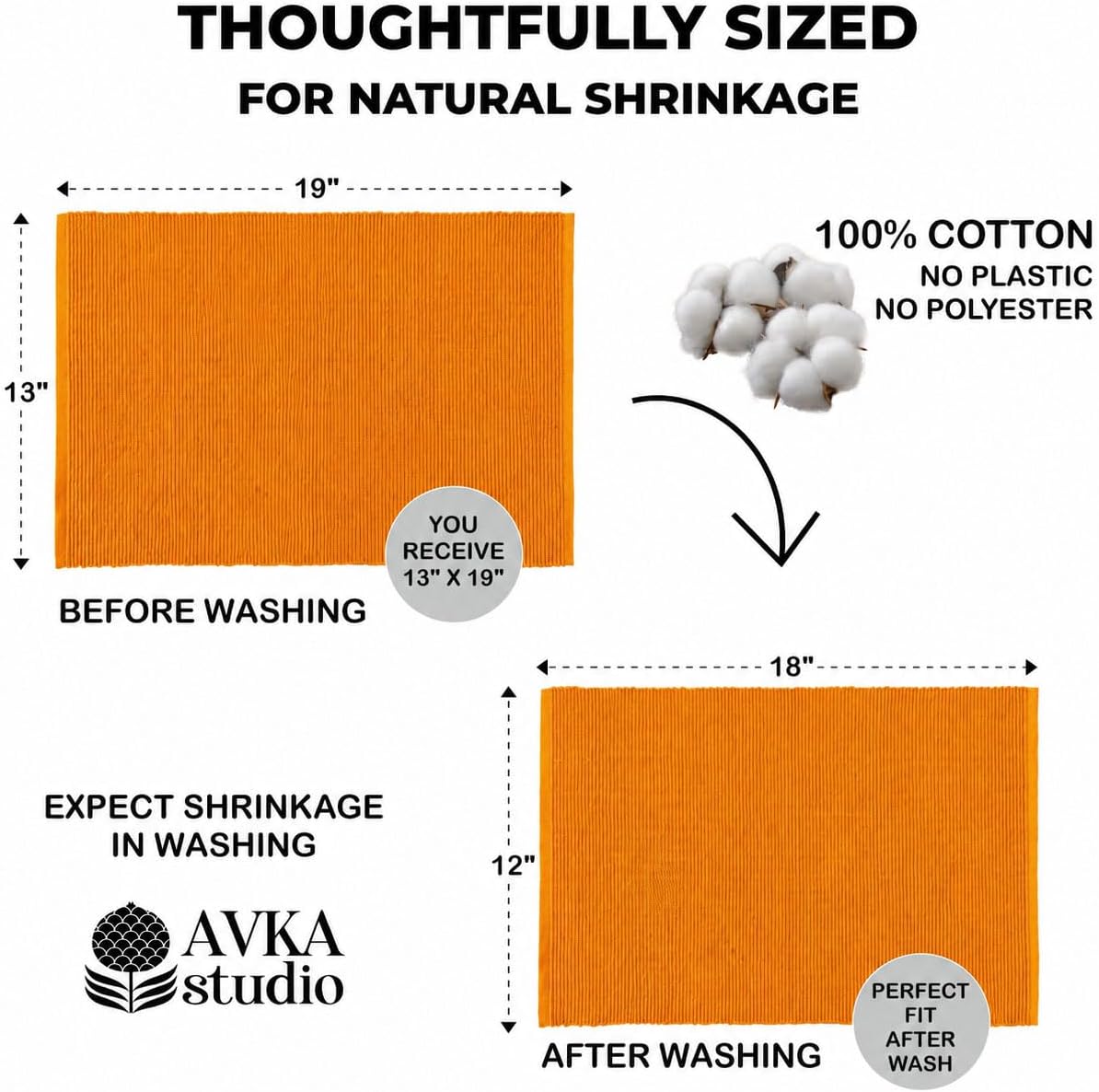 100% Cotton Ribbed Placemats - Set of 4-13 x 19 Inches - Orange - Everyday/Fall/Thanksgiving/Halloween Cloth Table Mats