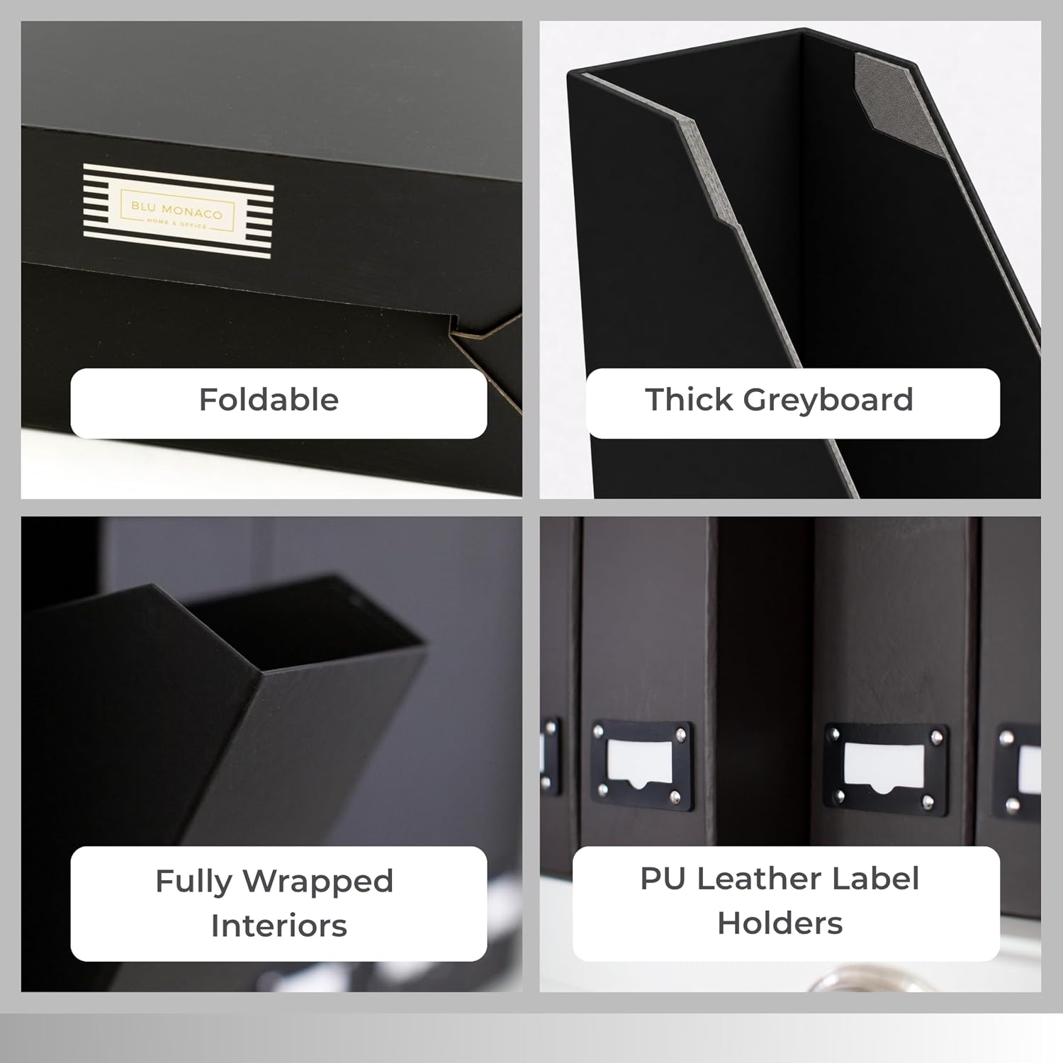 BLU MONACO Foldable Black Magazine File Holder | Set of 6 Cardboard Desk Organizer Boxes | Vertical Magazine File