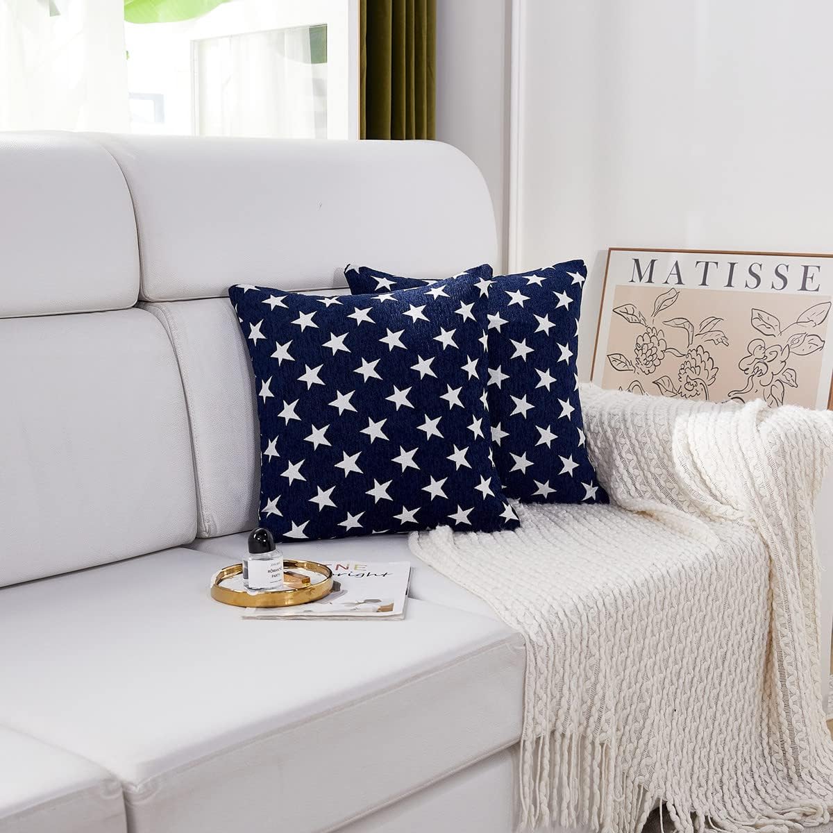 Soft Chenille Decorative Patriotic Throw Pillow Cover Case / Blue Stars / 18 x 18 / Set of 2