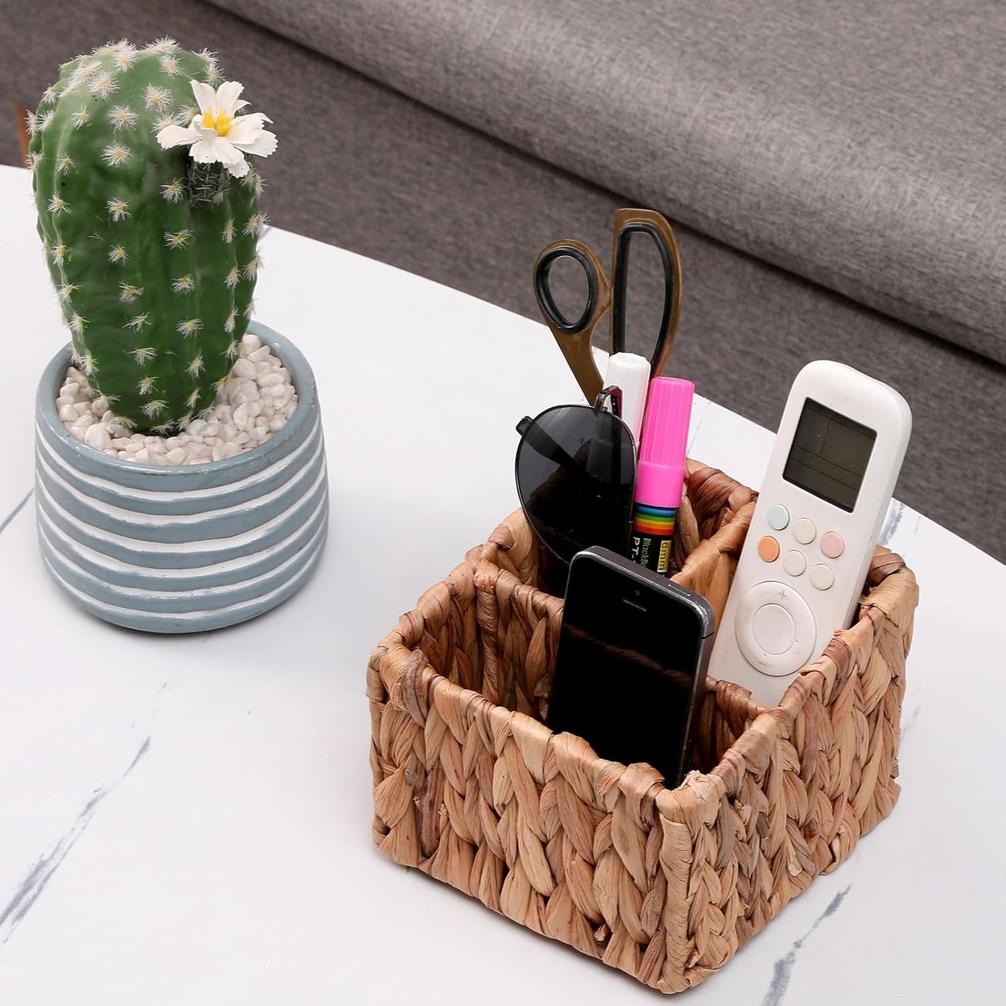 Wicker Remote Control Holder Hand Woven Water Hyacinth Storage Basket