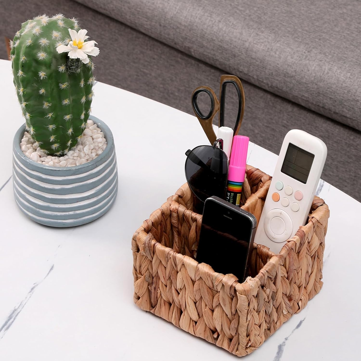 Wicker Remote Control Holder Hand Woven Water Hyacinth Storage Basket
