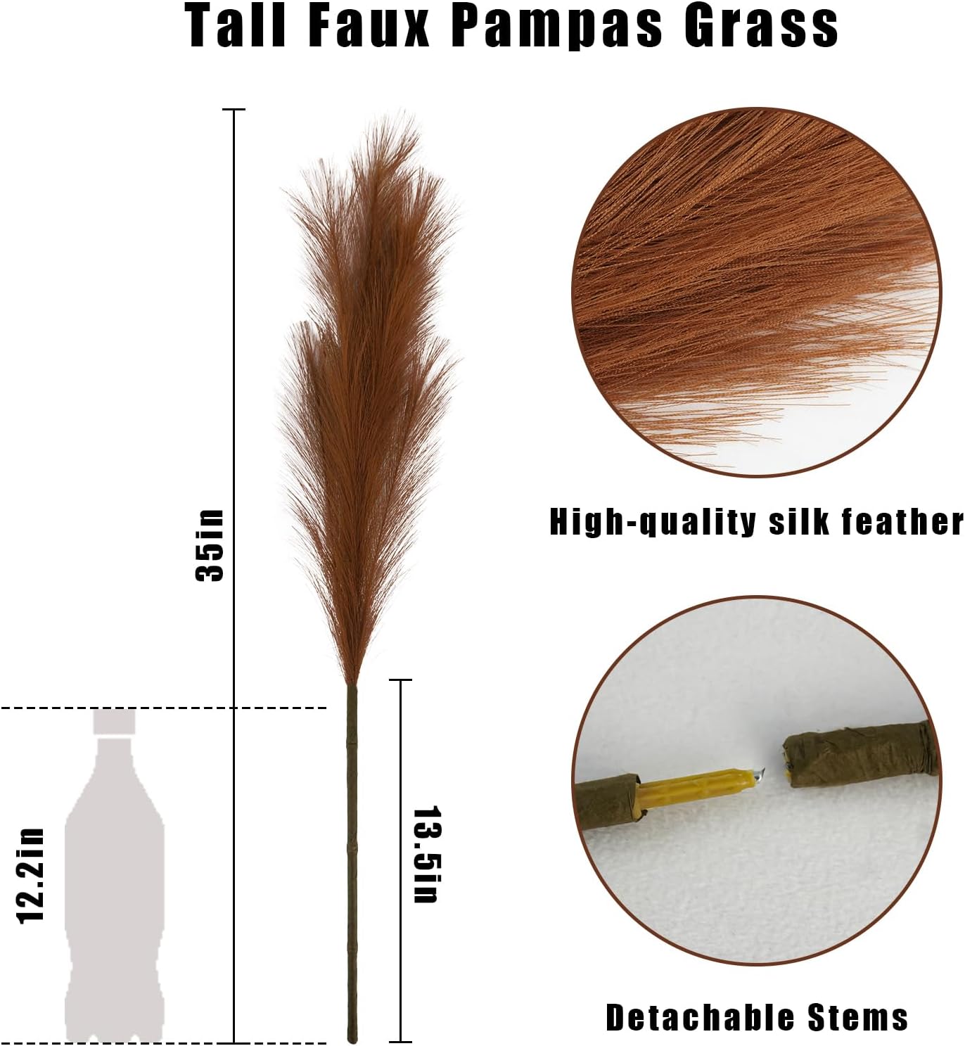Large Tall Fluffy Artificial Pompous Grass Branches Floral Fake Pompas / Brown / Set of 8