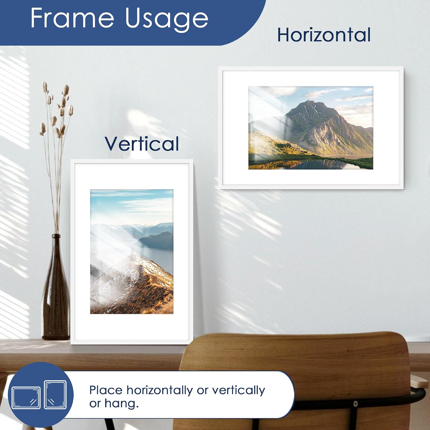 11x17 Picture Frame Set of 6, Wall Mount Display, White | Display Pictures 8x12 with Mat or 11x17 without