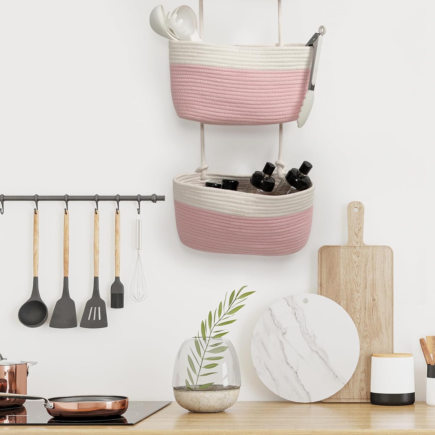 3-Tier Woven Cotton Wall-Mounted Storage Organizer Bag Decorative Hanging Nursery / Pink & White