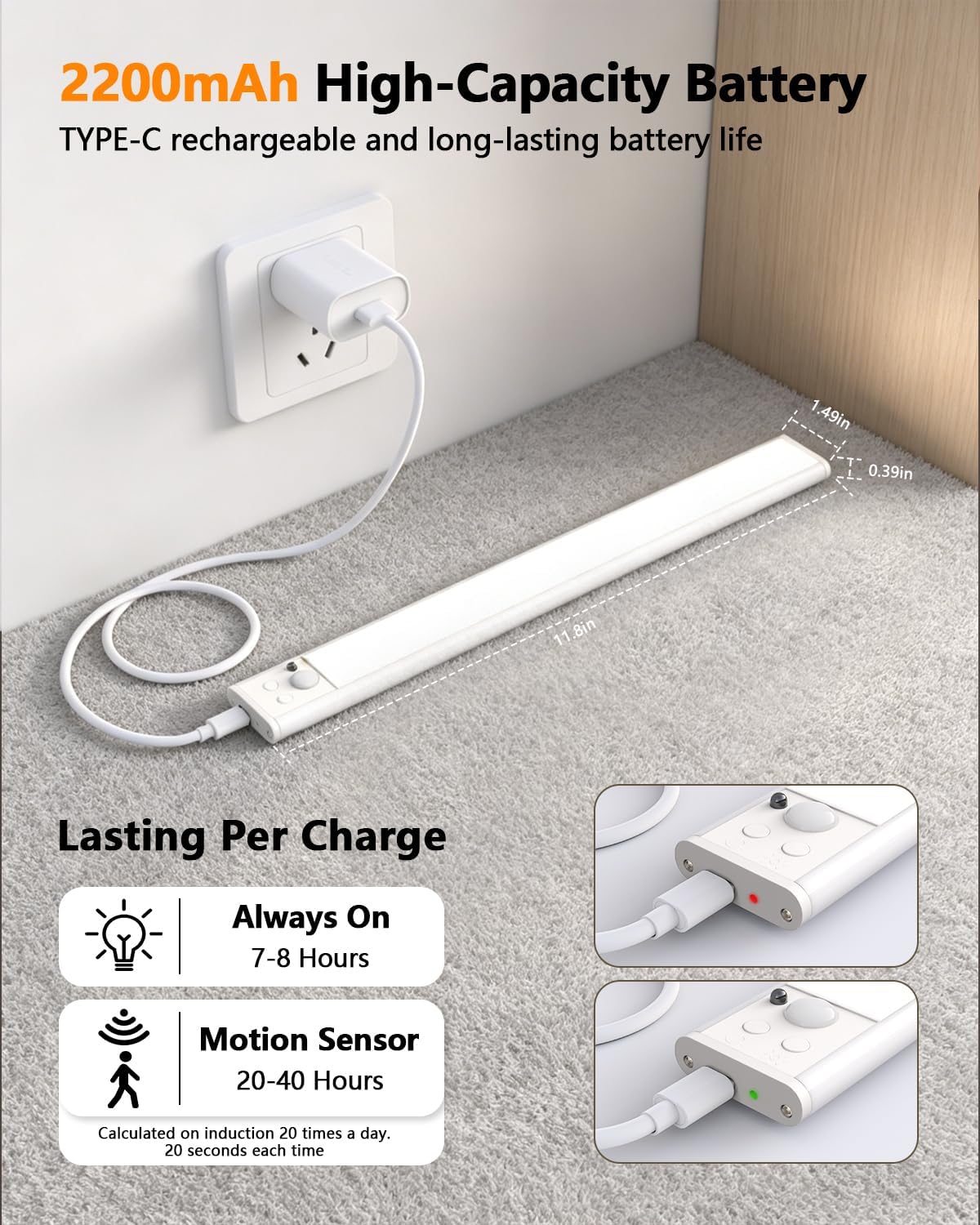 Motion Sensor Under Cabinet Lighting, RGB Light Bar with Remote,4Pack | 1500mAh Rechargeable, 15 Colors Dimmable LED