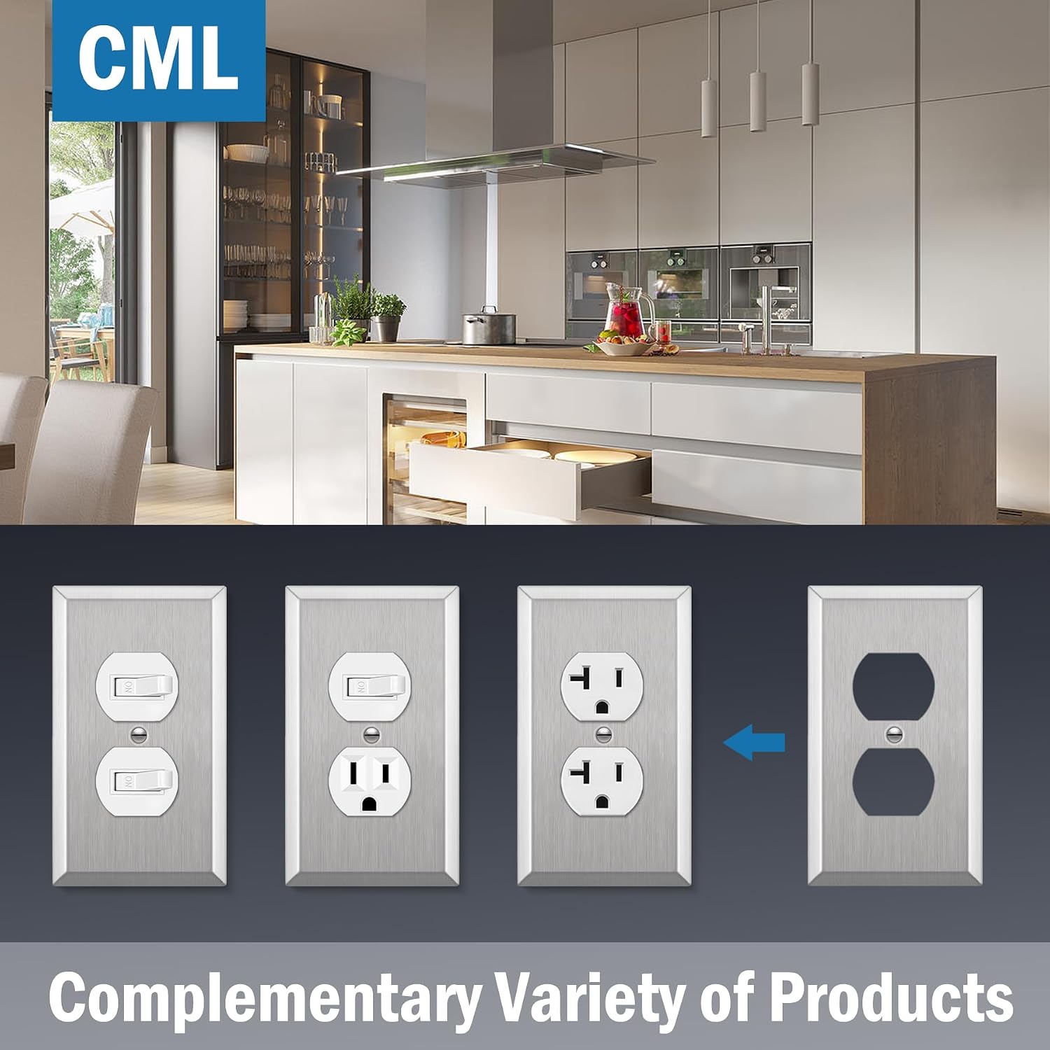 CML Duplex Receptacle Metal Wall Plate, 1-Gang Stainless Steel Outlet Covers, 20 Pack Corrosion Resistant Switch