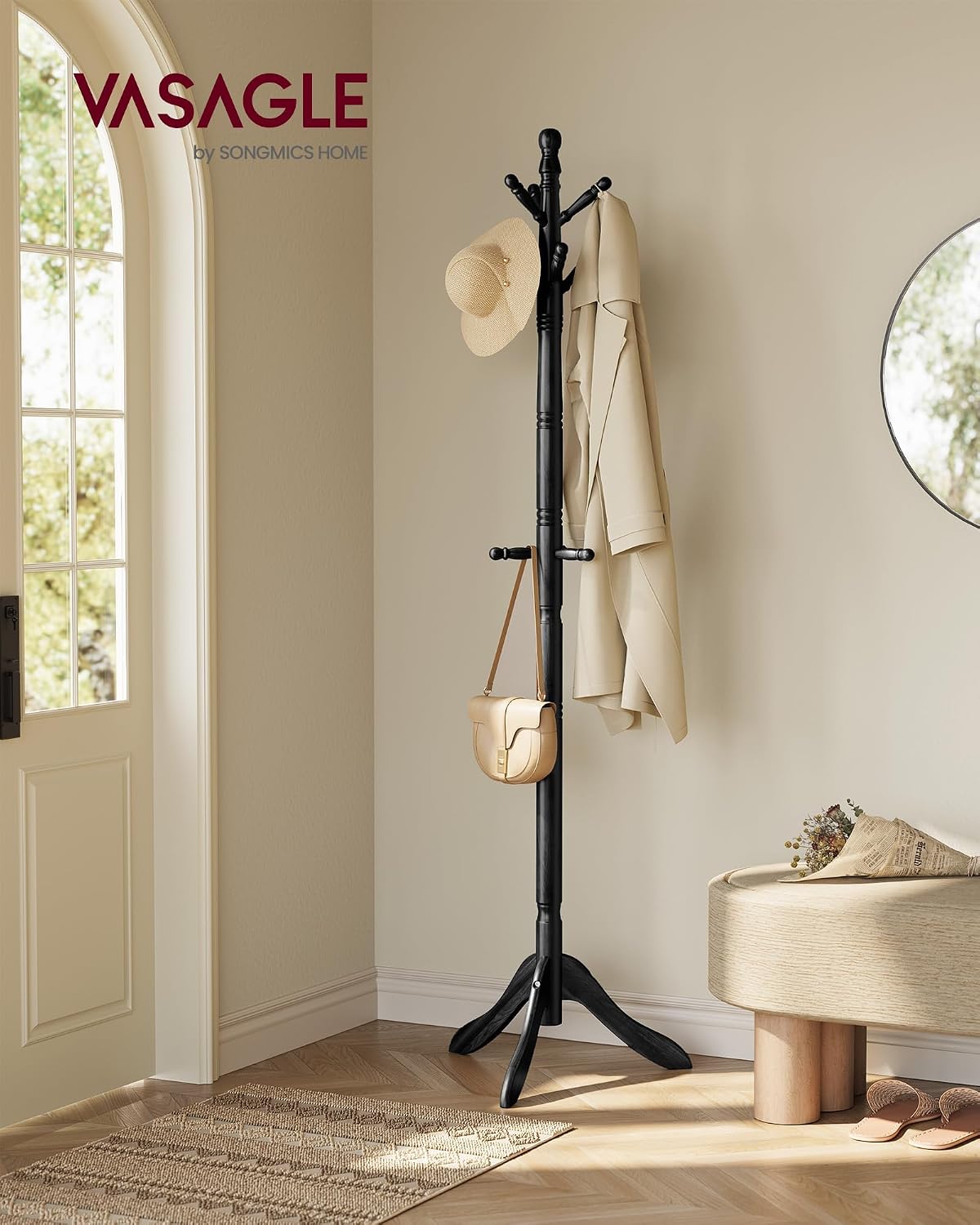 VASAGLE Solid Wood Coat Rack and Stand, Free Standing Hall Coat Tree with 10 Hooks for Hats, Bags, Purses, for