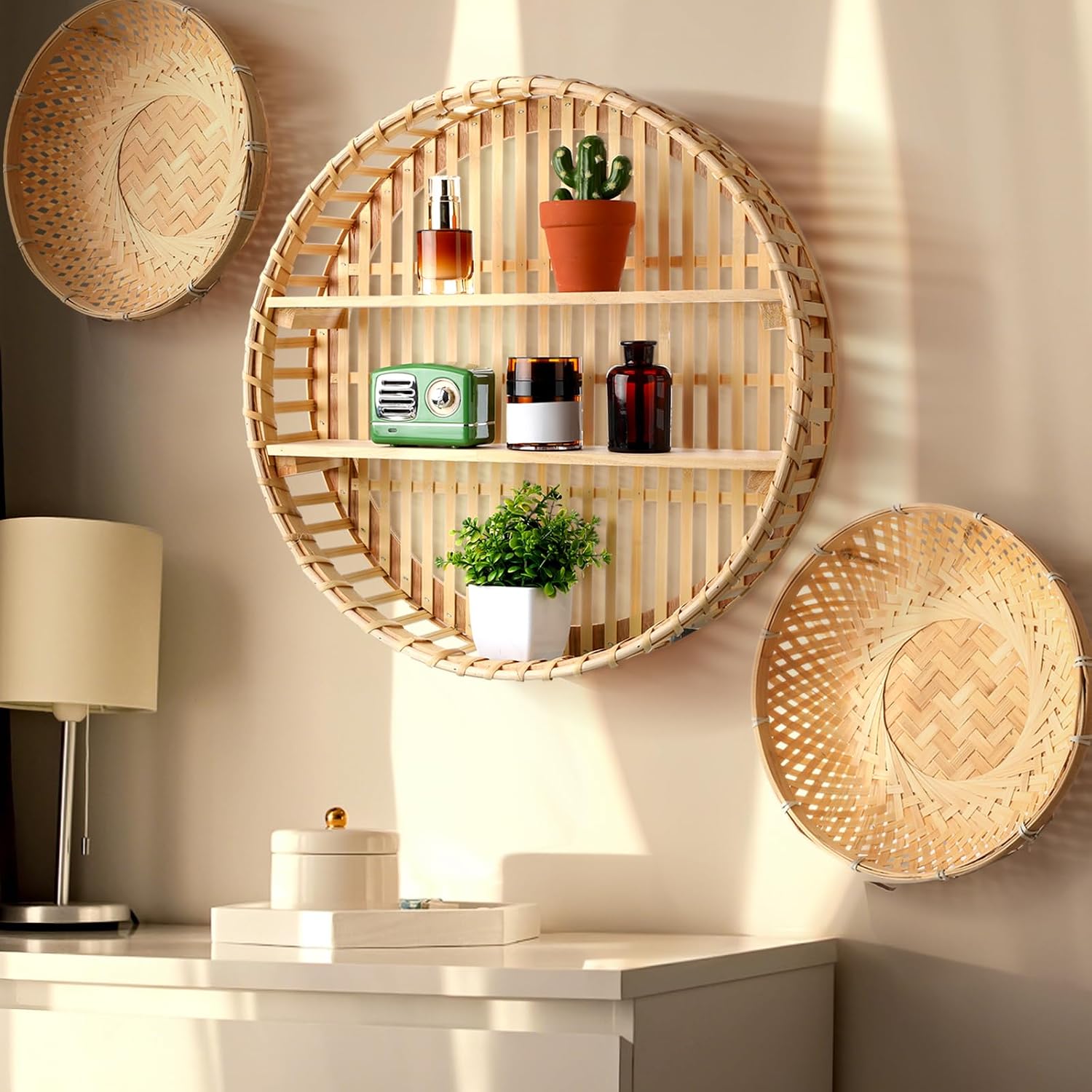 Wicker Baskets and Small Fake Plants Round / Set of 4