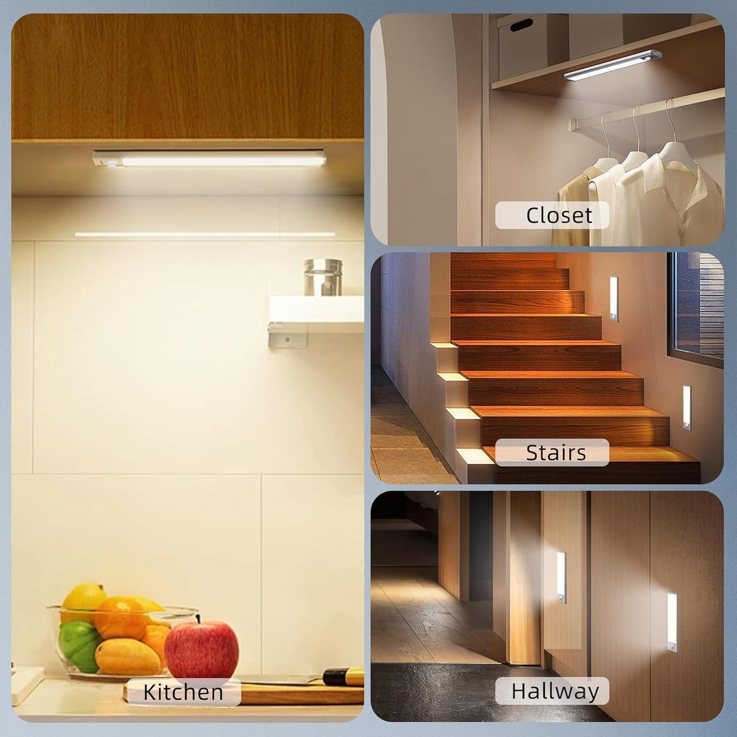 DAYBETTER 8inch Under Cabinet Lighting,4 Pack Motion Sensor Light Indoor | Rechargeable,3 Color Temps,5 Levels Dimmable